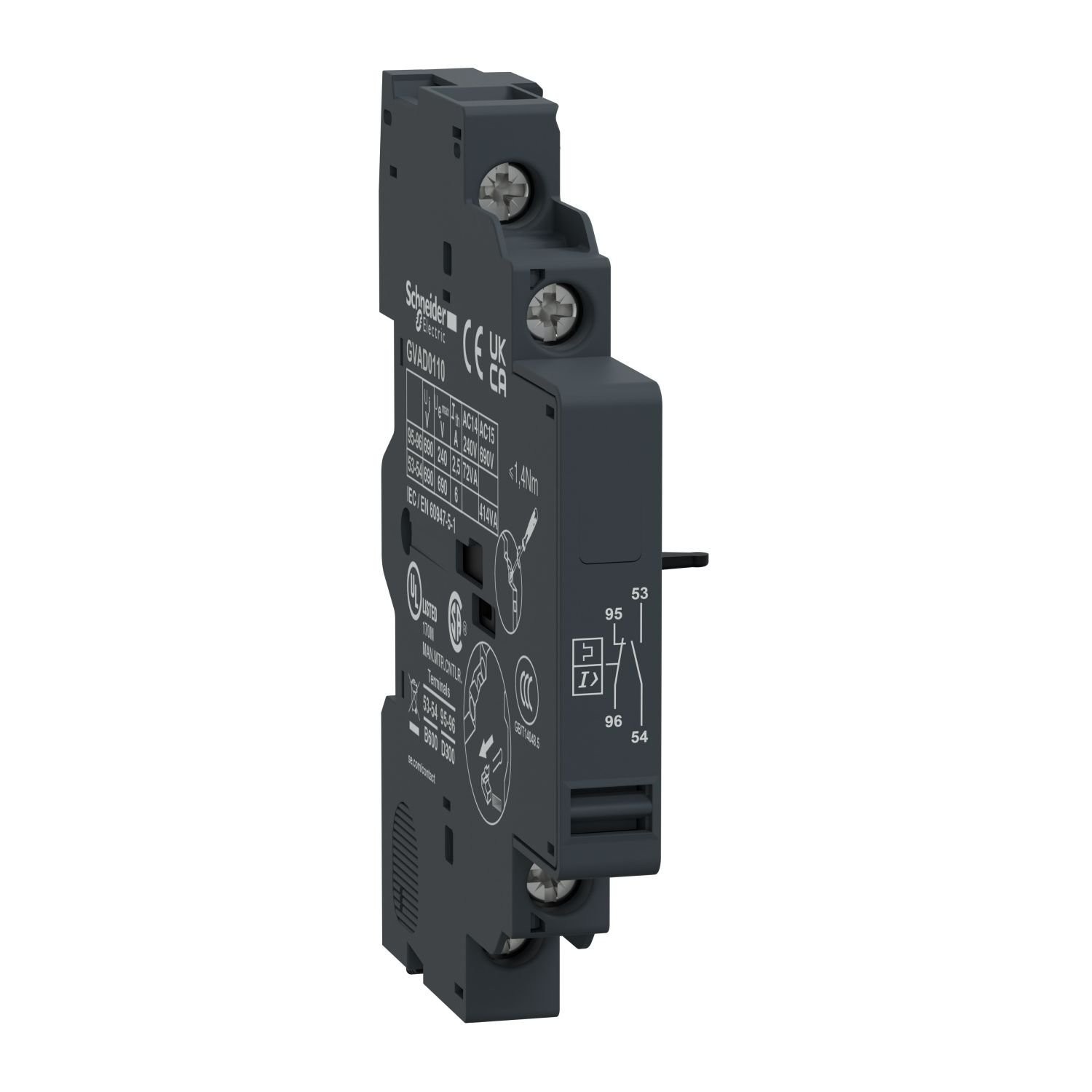 Schneider Electric GVAD0110 Add-on contact block,TeSys Deca Frame 2/3,1NC(fault)+1NO,side,for GV2/GV3(except GV3ME)