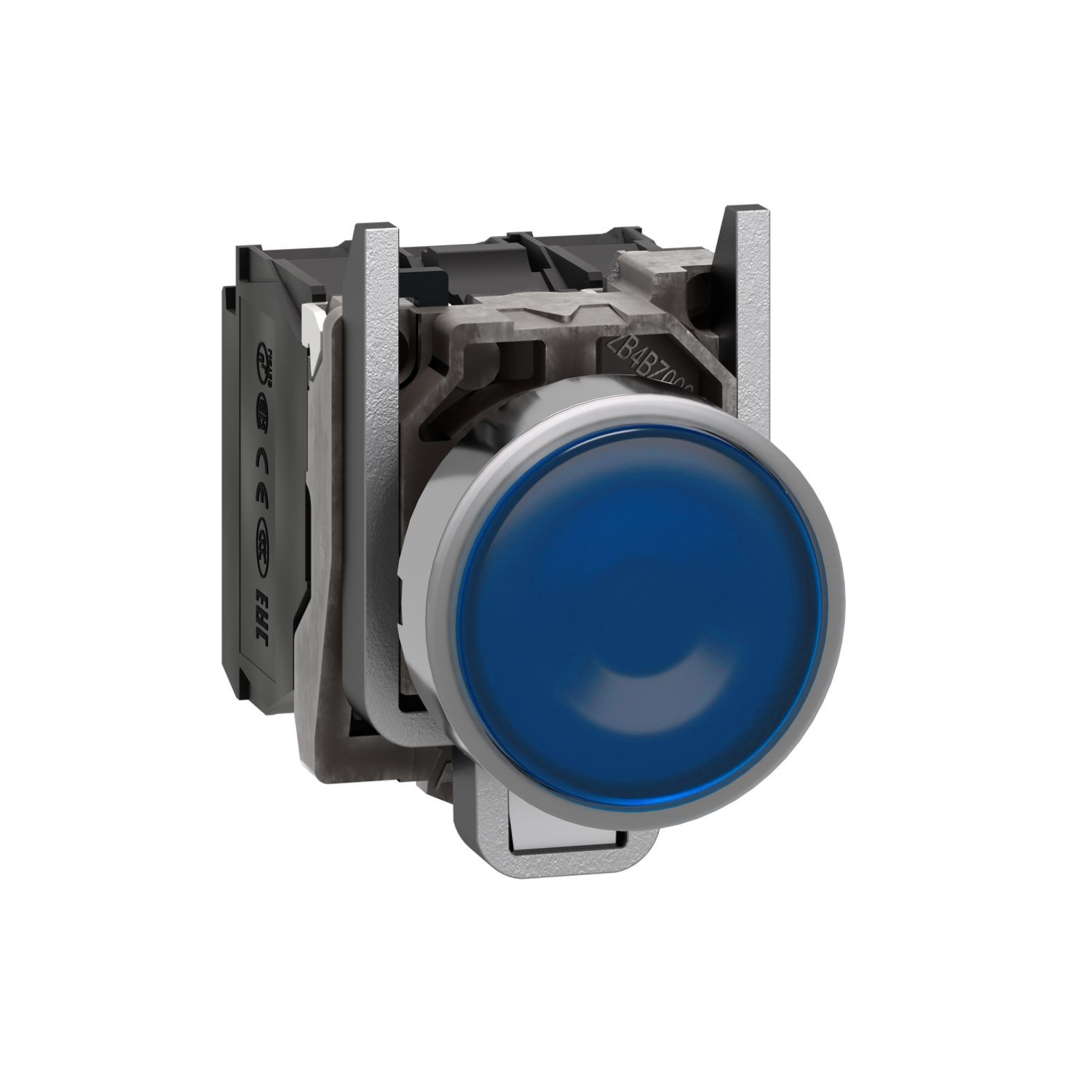 XB4BW36M5 Illuminated push button, Harmony XB4, metal, blue flush, 22mm, universal LED, plain lens, 1NO + 1NC, 230...240V AC