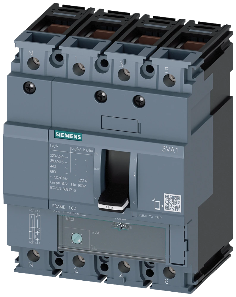 3VA1112-4EE46-0AA0 circuit breaker 3VA1 IEC frame 160 breaking capacity class S Icu=36kA @ 415V 4-pole, line protection TM220, ATFM, In=125A overload protection Ir=88A...125A short-circuit protection Ii=10 x In N conductor unprotected clamp connec