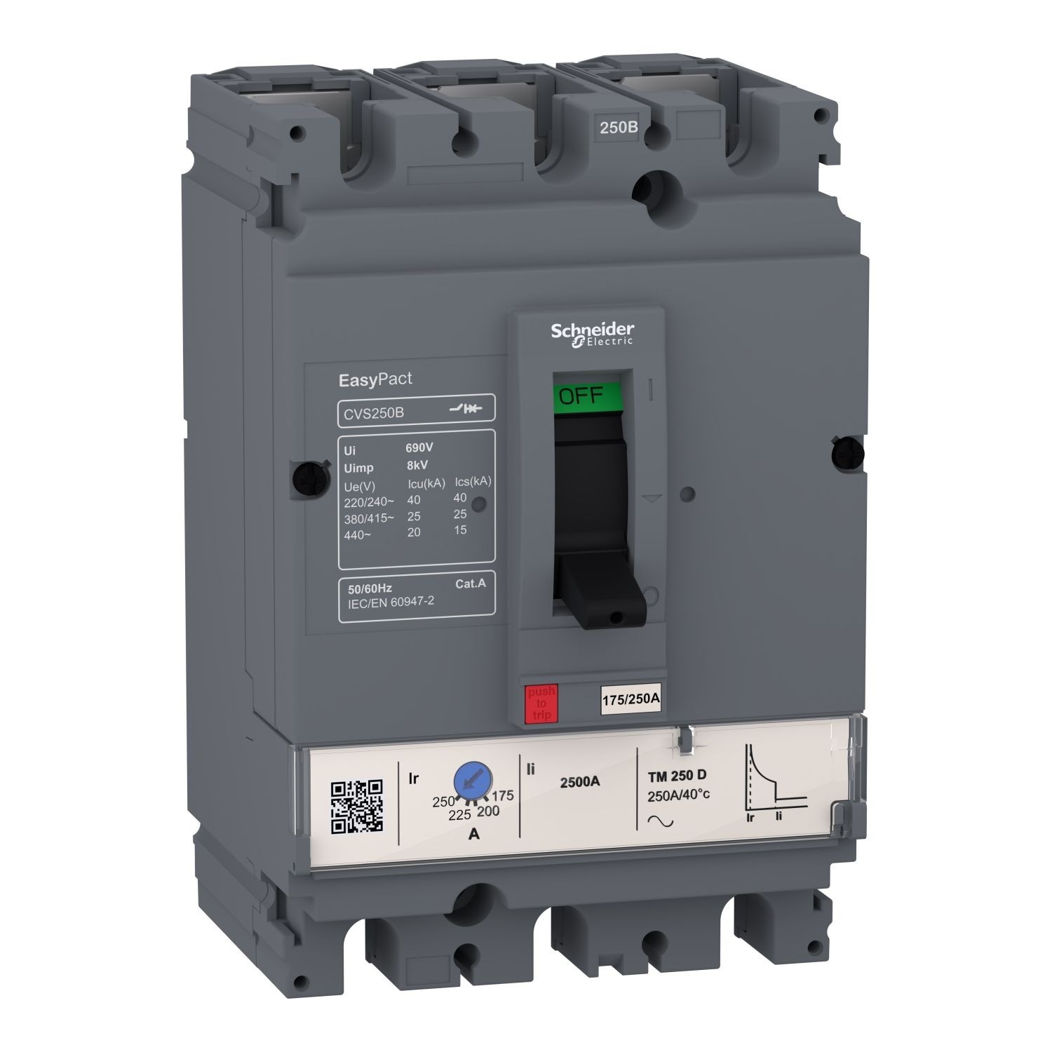 LV510307 circuit breaker, EasyPact CVS100B, 25kA at 415VAC, 100A, TM-D trip unit, 3P3d