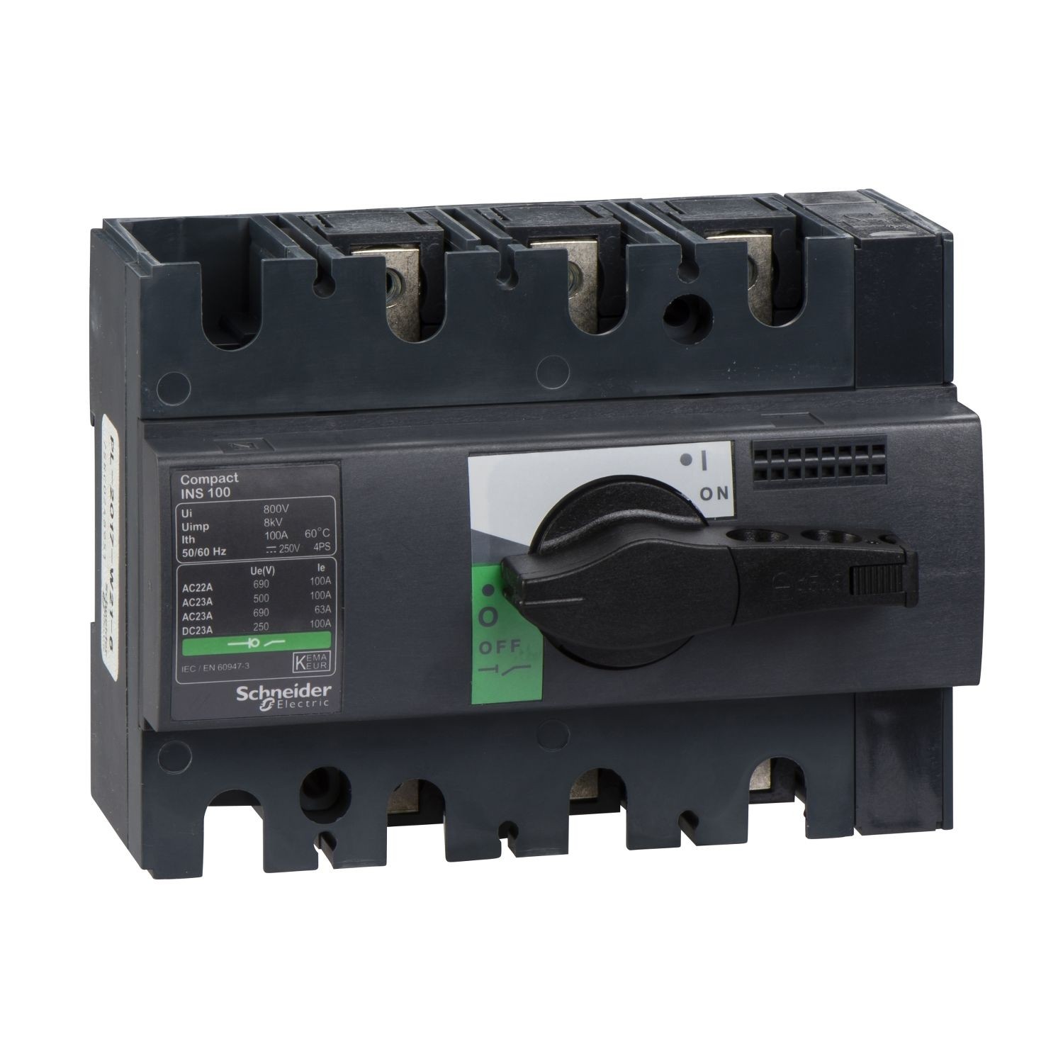 Schneider Electric 28908 switch disconnector, Compact INS100, 100A, standard version with black rotary handle, 3 poles