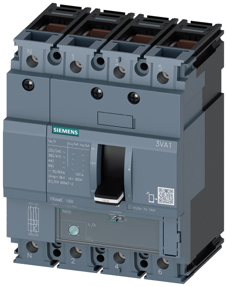 3VA1140-4EE46-0AA0 circuit breaker 3VA1 IEC frame 160 breaking capacity class S Icu=36kA @ 415V 4-pole, line protection TM220, ATFM, In=40A overload protection Ir=28A...40A short-circuit protection Ii=10 x In N conductor unprotected clamp connecti