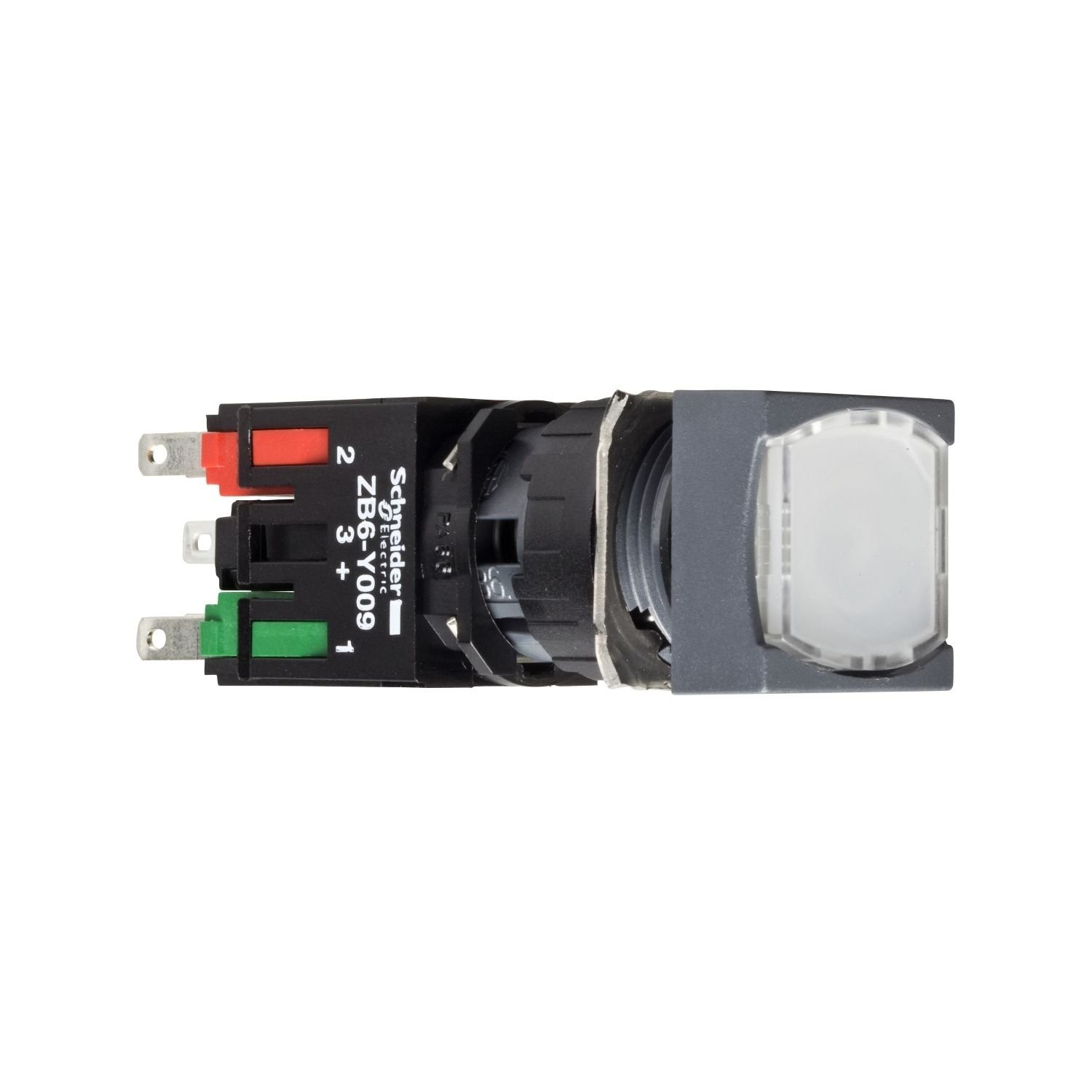 XB6CW1B1B Complete illuminated push button, Harmony XB6, white square flush, 16mm, spring return 1NO 12...24V