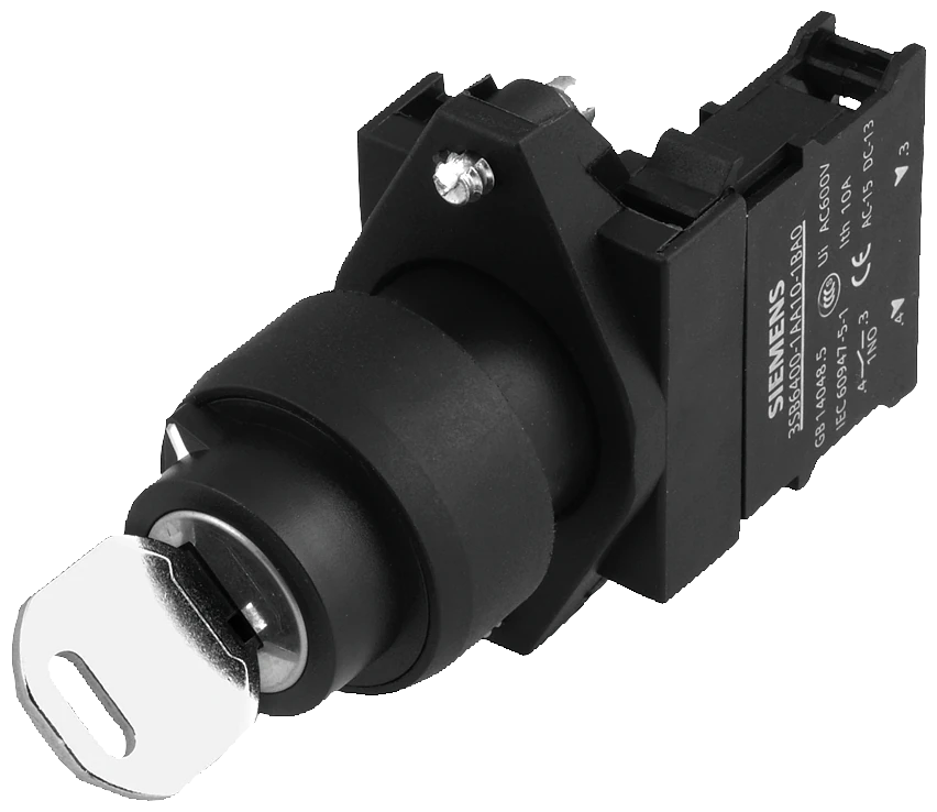 3SB6110-3AA24-1MK0 Siemens Complete unit combination 22 mm plastic black round twin pushbutton with flat and raised pusbuttons momentary non-illuminated screw terminal, 1 NO + 1 NC with holder green-red inscription green: I; red: O