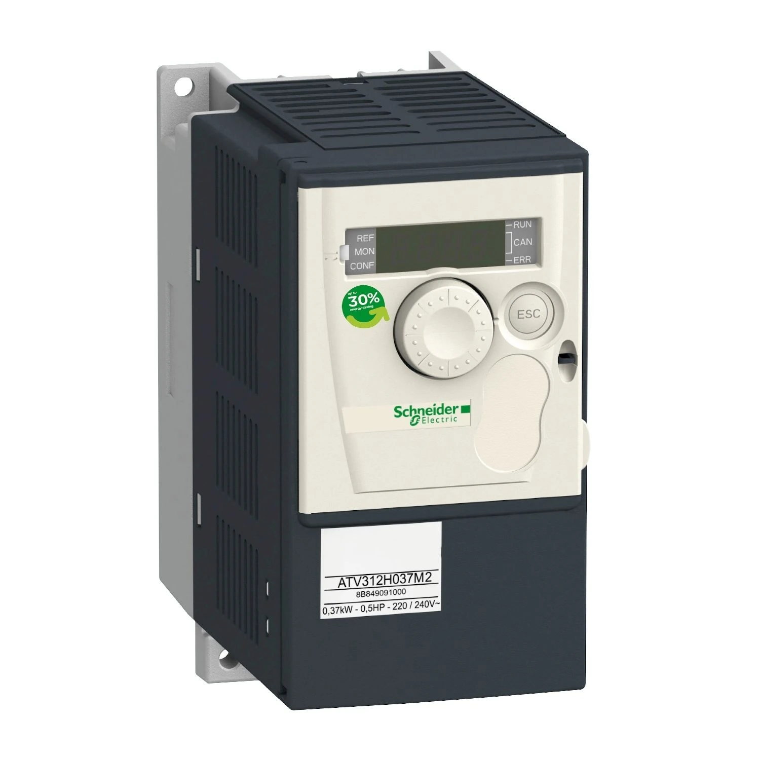 ATV312H037M2 Variable speed drive, ATV312, 0.37kW, 0.5hp, 200..240V, 1 phase supply, 3.3A, CANopen, Modbus