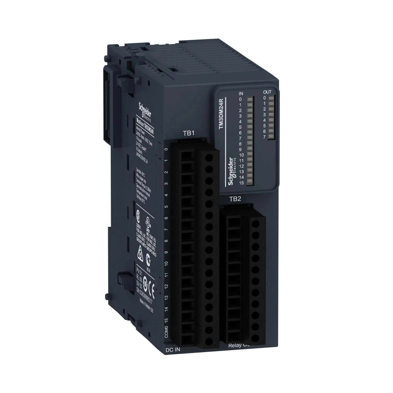 TM3DM24R Schneider Electric Module d'E/S discret, Modicon TM3, 24 E/S, 16 entrées, 8 sorties relais, vis, 24 V CC