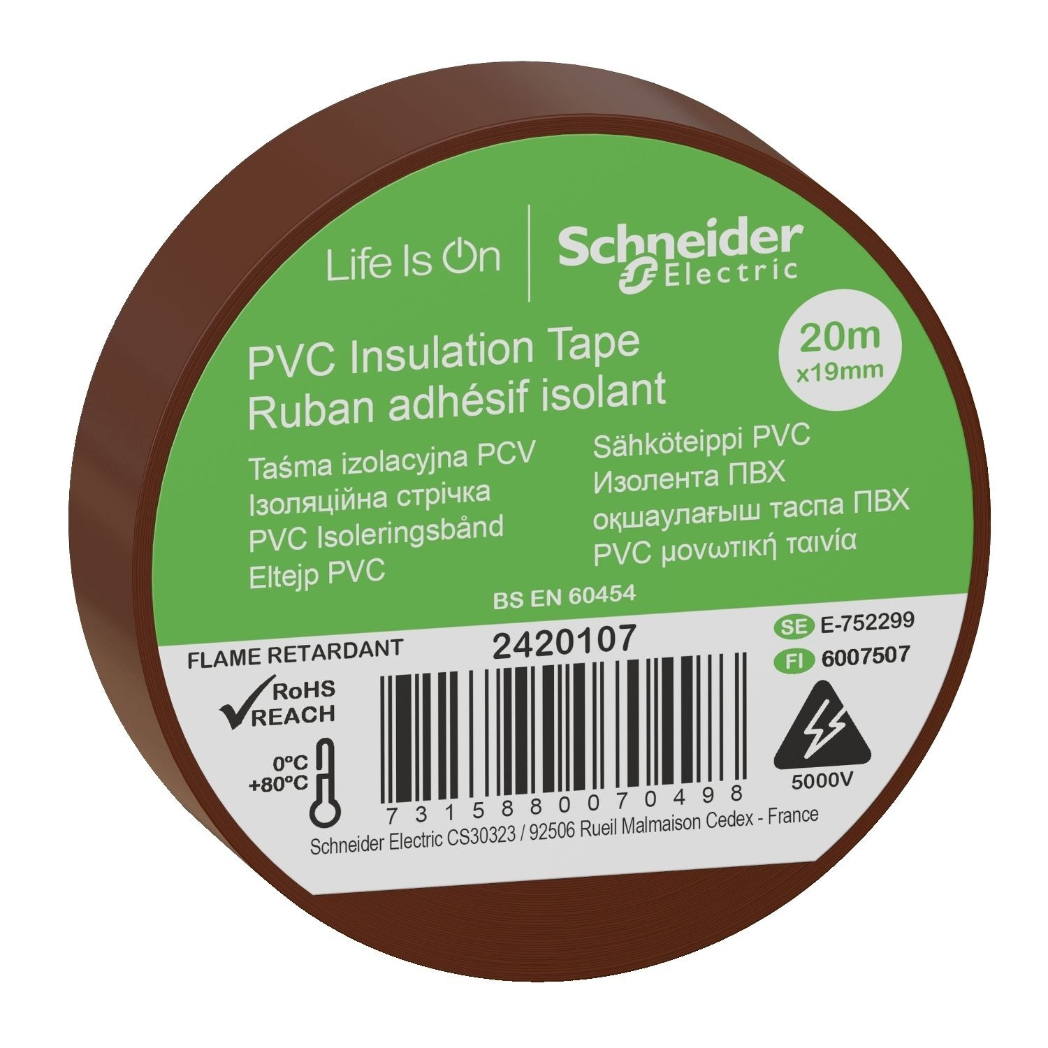 Schneider Electric 2420107 Insulation tape, Thorsman, 19mm x 20m, brown