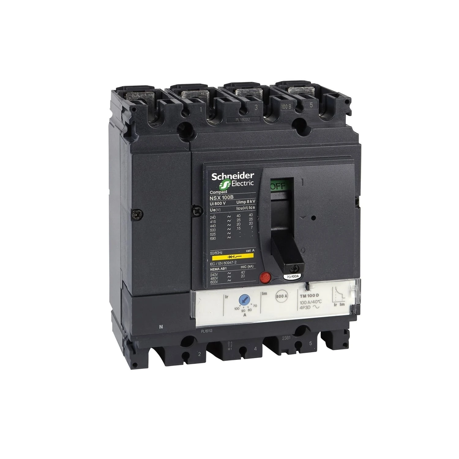 LV429690 Schneider Electric circuit breaker ComPact NSX100H, 70 kA at 415 VAC, TMD trip unit 100 A, 4 poles 4d
