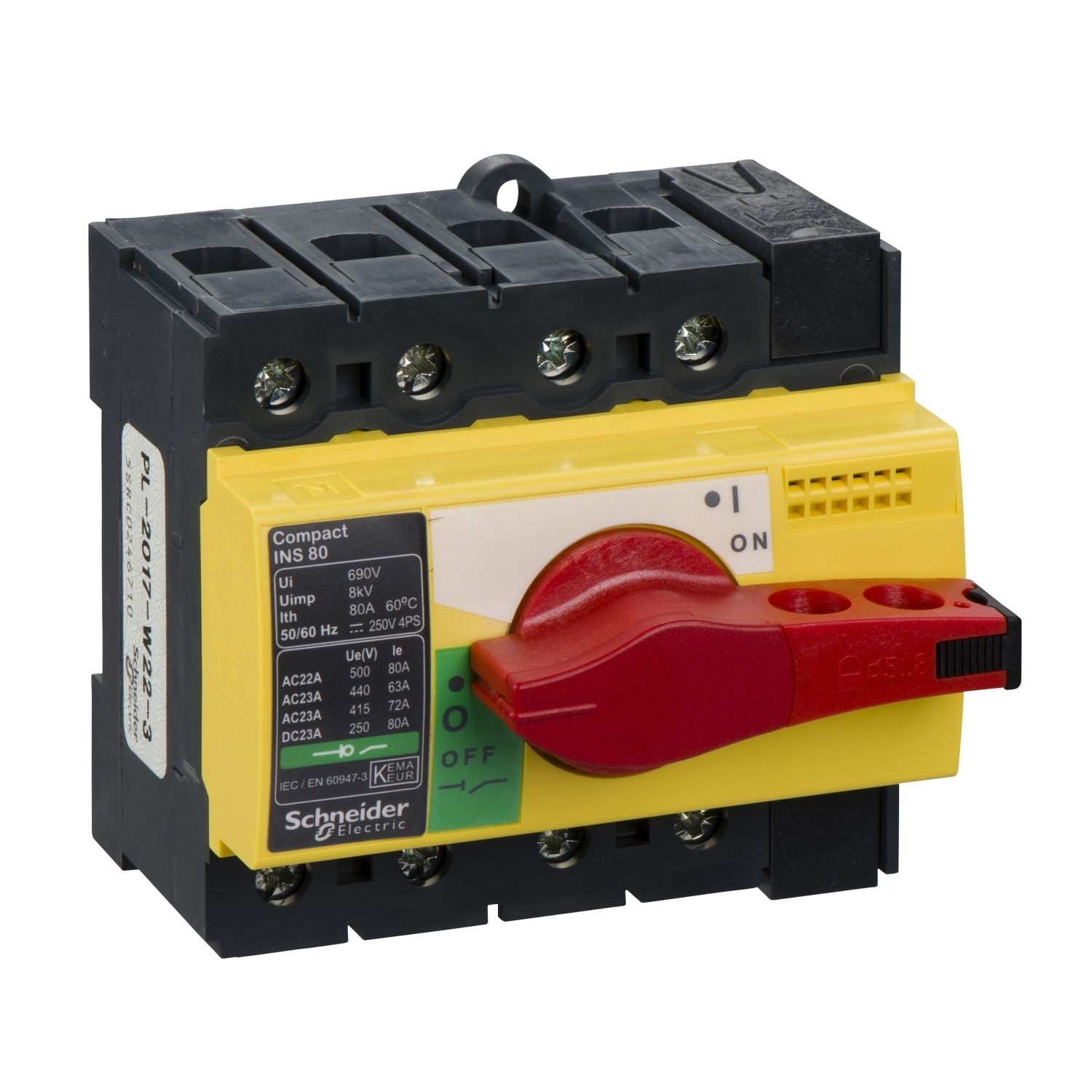 28921 switch disconnector, Compact INS80, 80A, with red rotary handle and yellow front, 4 poles