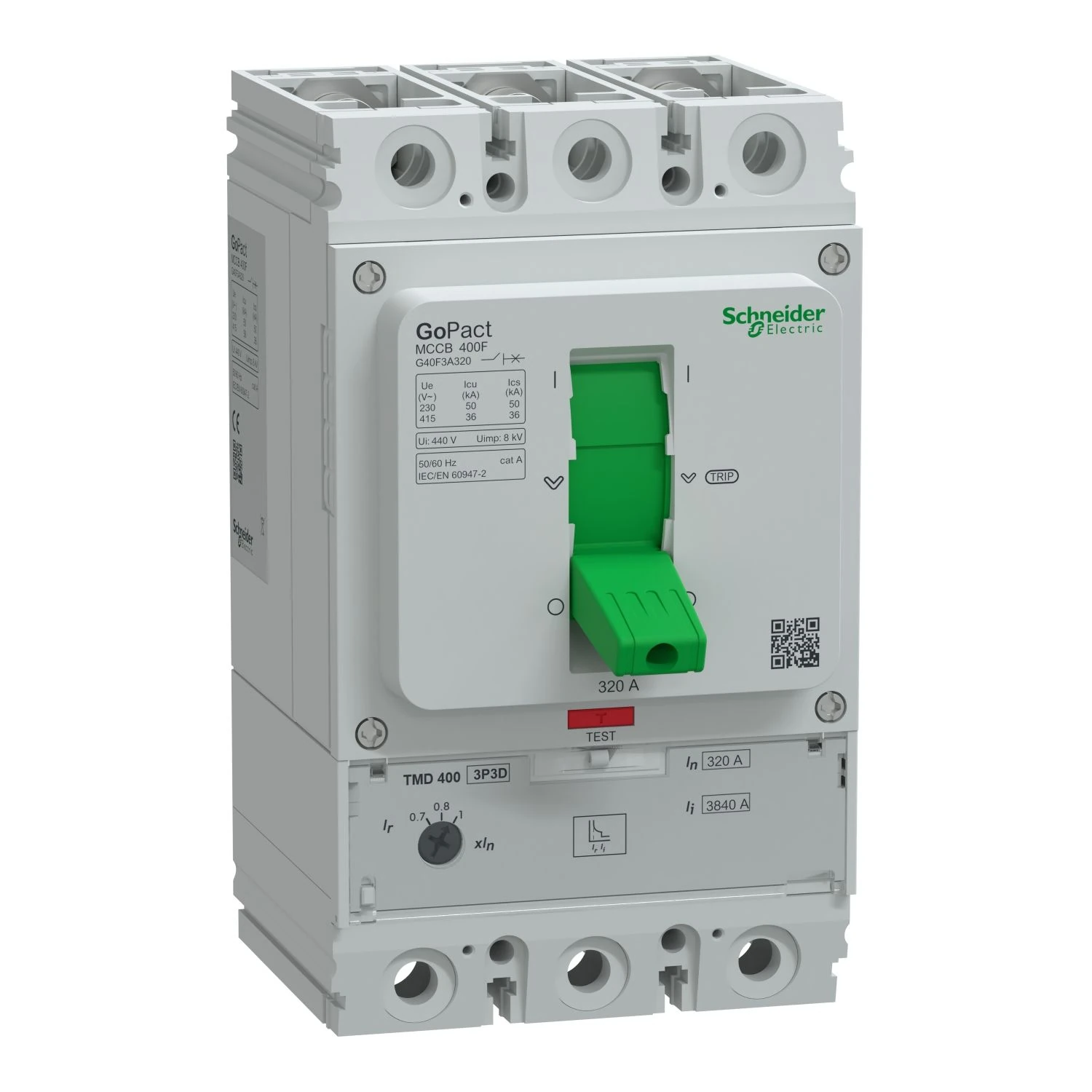 G40F3A320 Schneider Electric Circuit breaker, GoPact MCCB 400, 3 poles, 36kA at 415VAC, 320A rating, TMD trip unit, adjustable thermal protection