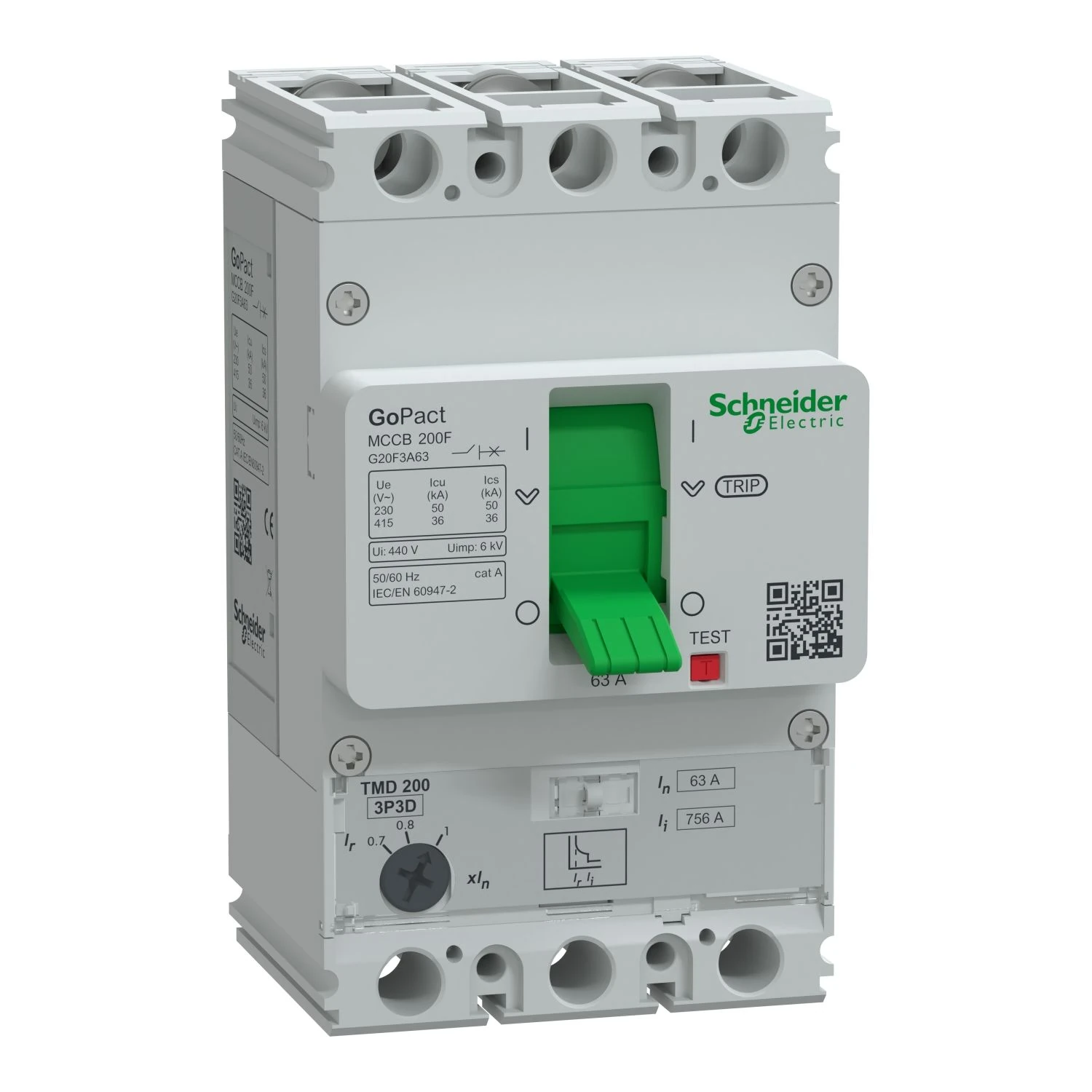G20F3A63 Schneider Electric Circuit breaker, GoPact MCCB 200, 3 poles, 36kA at 415VAC, 63A rating, TMD trip unit, adjustable thermal protection