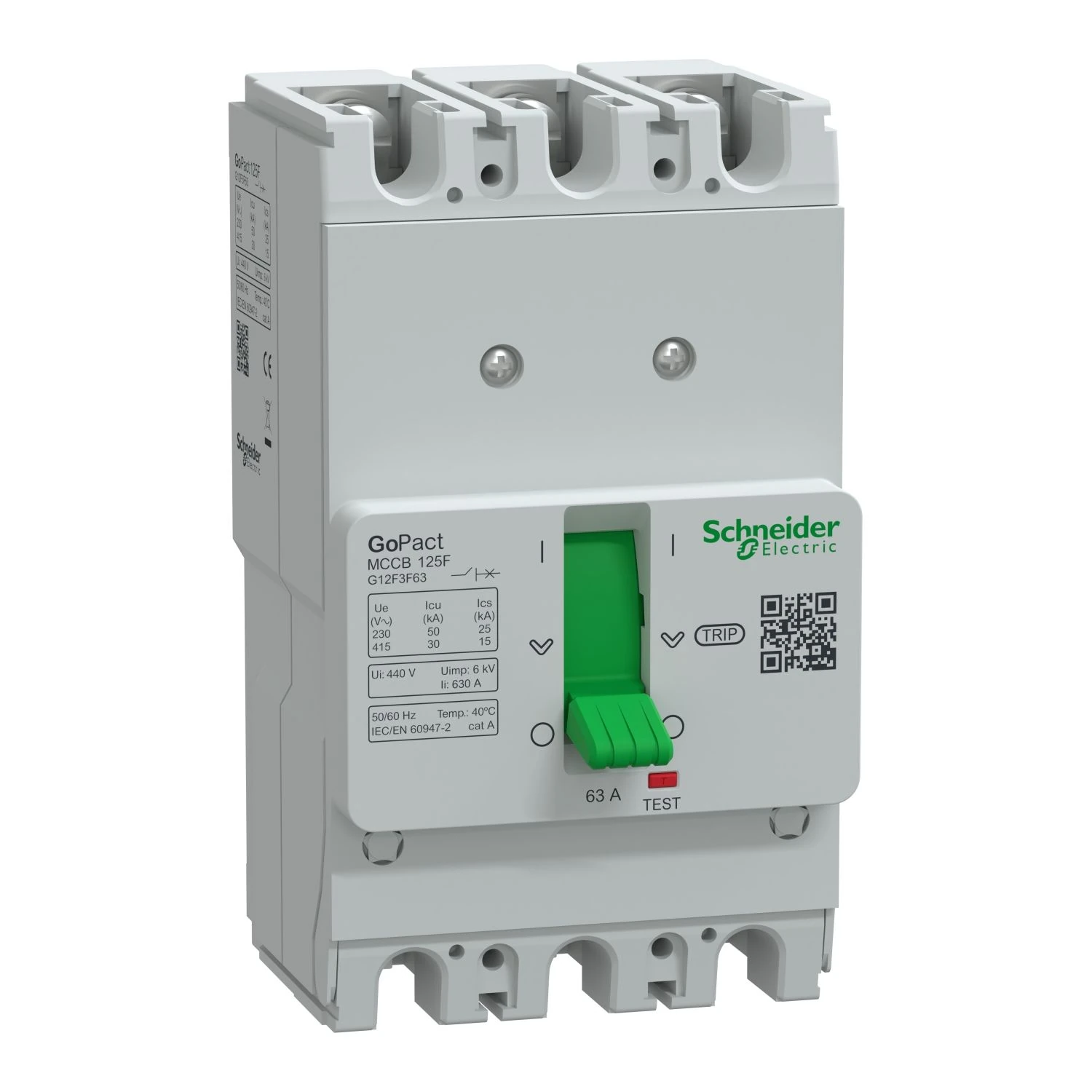 G12F3F63 Schneider Electric Circuit breaker, GoPact MCCB 125, 3 poles, 30kA at 415VAC, 63A rating, TMD trip unit, fixed thermal protection