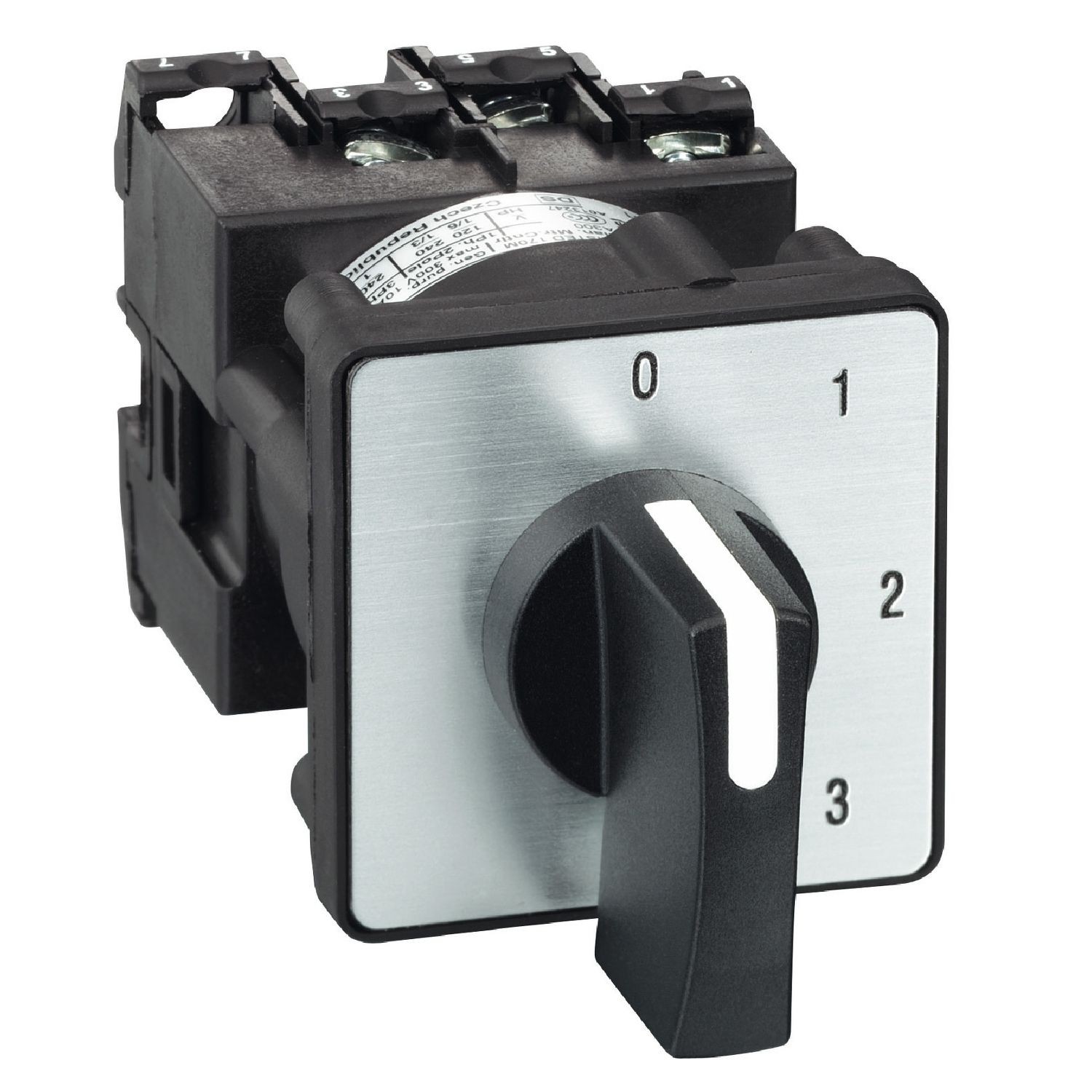 K1C003QLH Cam switch, Harmony K, multifixing, plastic, 1 pole, 3 steps, position 0, 45°, 12A, 45x45mm, metallic legend, marked 0 1 2 3, 35mm black handle