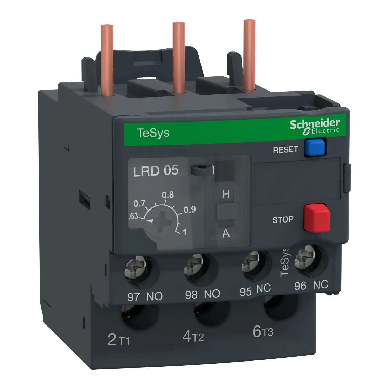 LR3D05 Schneider Electric Thermal overload relay, TeSys Deca, 690VAC, 0.63 to 1A, 1NO+1NC, class 10A, for unbalanced loads