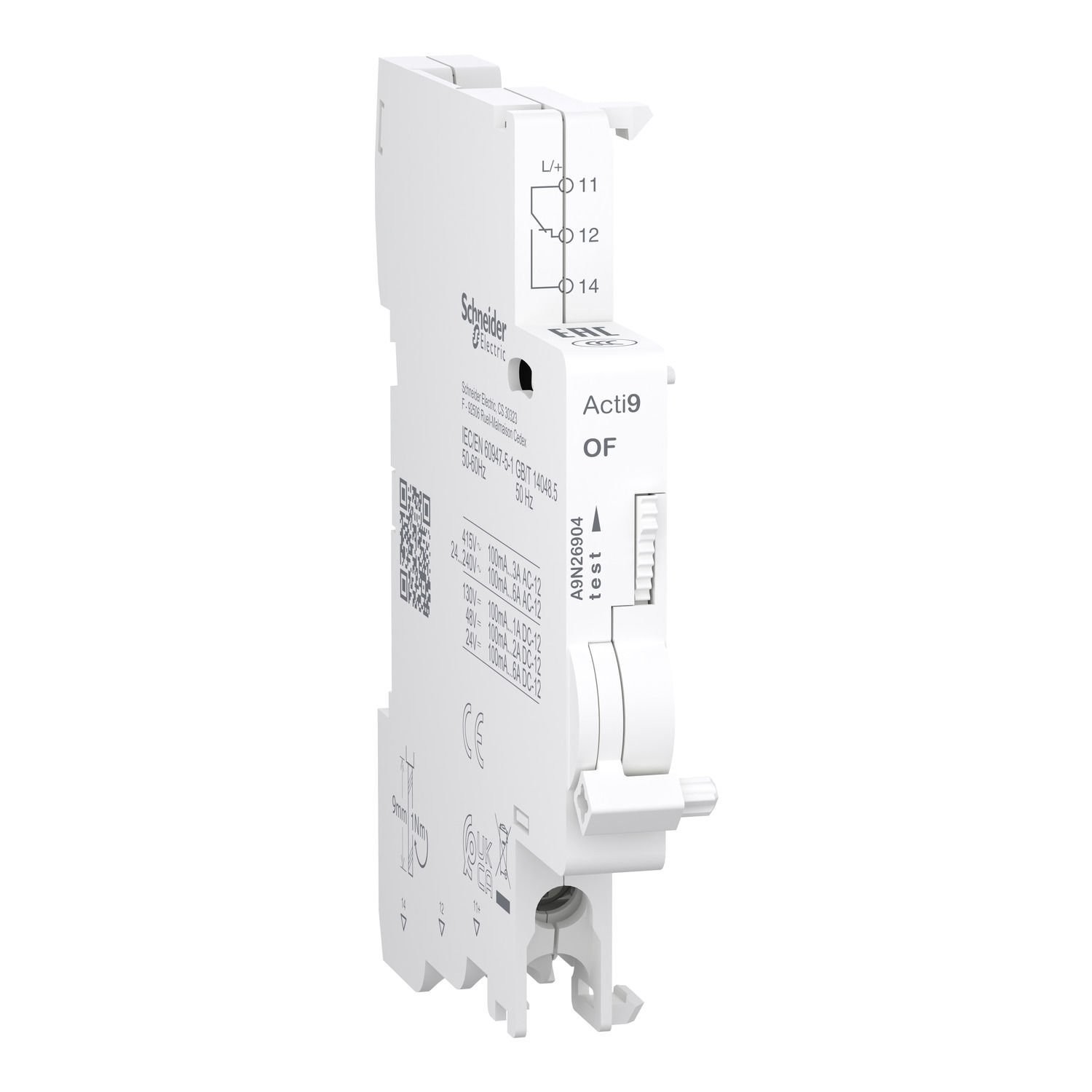 Schneider Electric A9N26904 Auxiliary contact, Acti9 A9N, OF, 1 C/O, 100mA to 6A, 24VAC to 415VAC, 24VDC to 130VDC, bottom connection