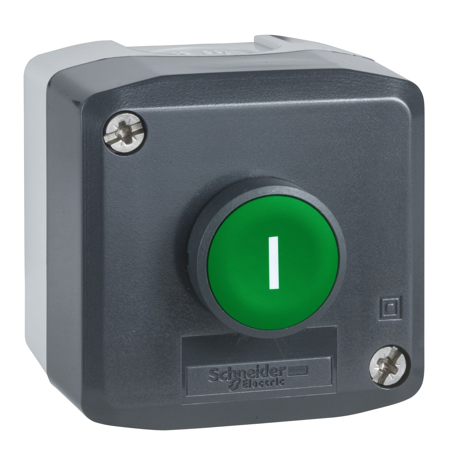 XALD102 Schneider Electric Boîtier de commande Harmony XALD, XALK, plastique, couvercle gris foncé, 1 bouton poussoir affleurant vert 22 mm, rappel par ressort, marqué I, 1 NO