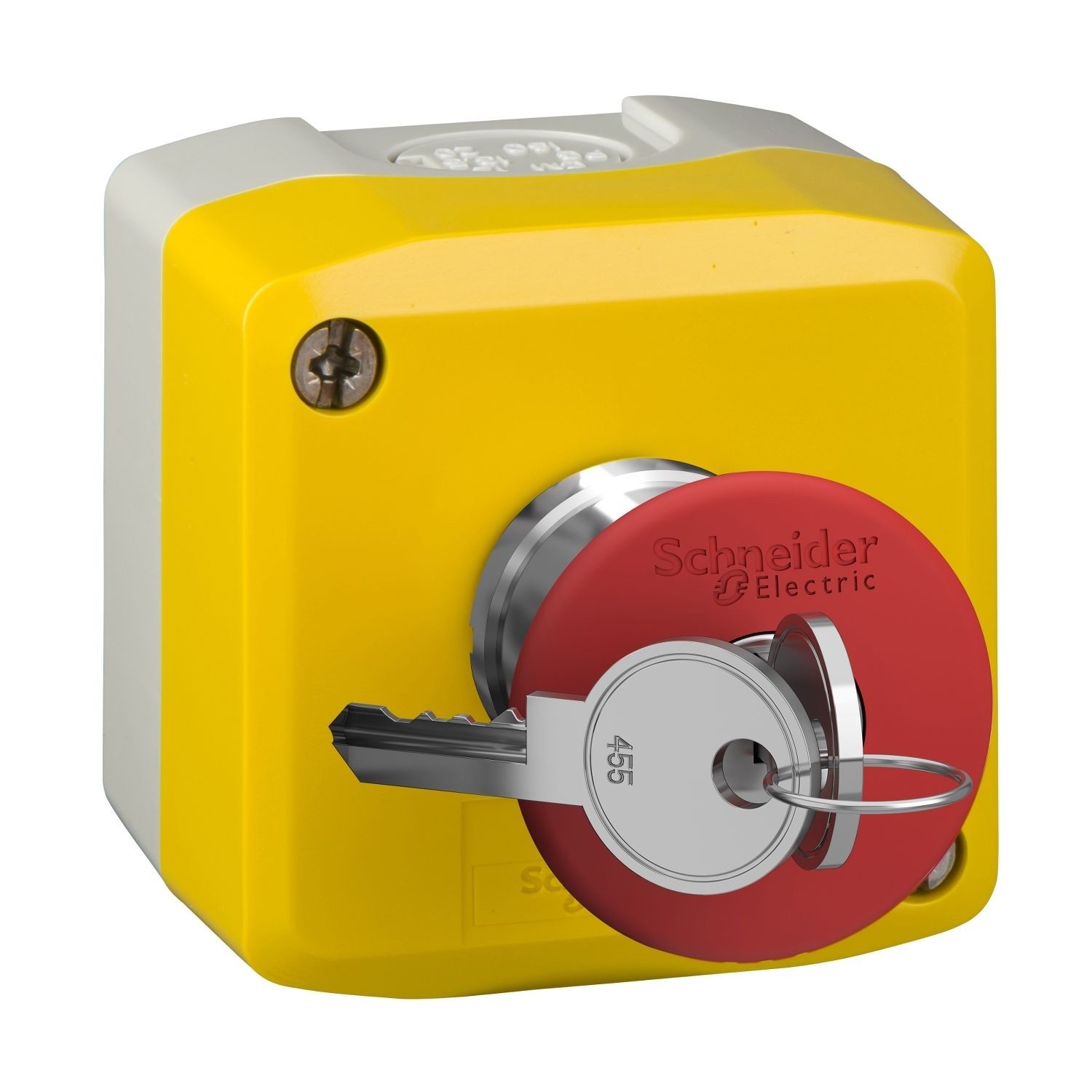 XALK188 Complete control station, Harmony XALK, XALD, plastic, yellow lid, 1 red mushroom push button 40mm, key release, 1NC