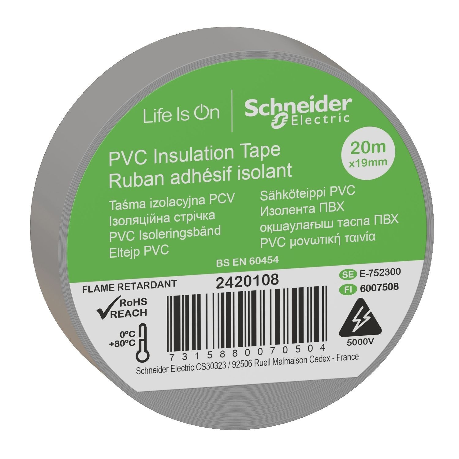 Schneider Electric 2420108 Insulation tape, Thorsman, 19mm x 20m, grey