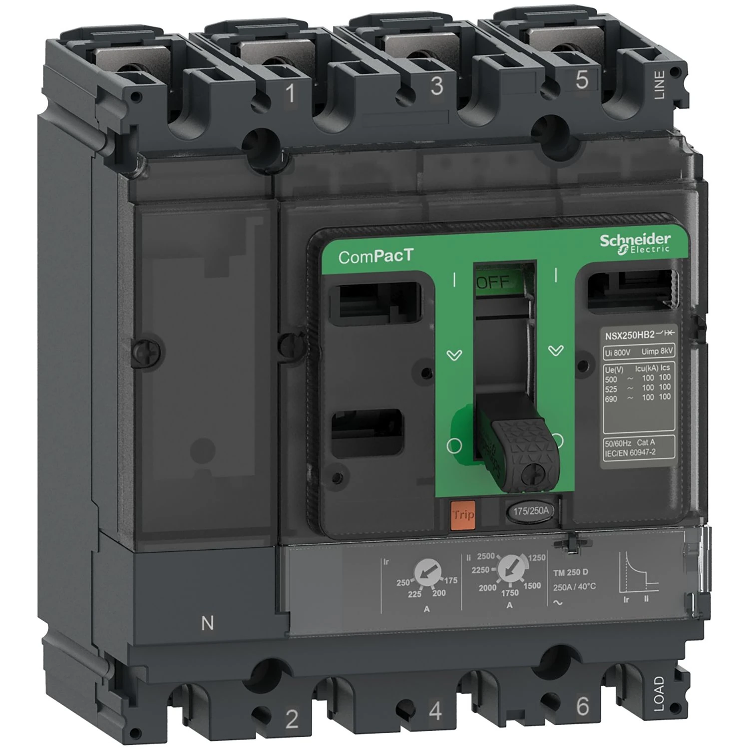 C10F6TM032 Schneider Electric Circuit breaker, ComPacT NSX100F, 36kA/415VAC, 4 poles 3D (neutral not protected), TMD trip unit 32A