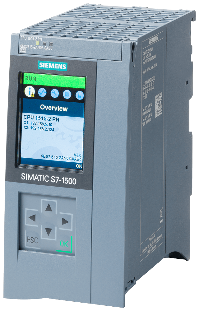 6ES7515-2AN03-0AB0 SIMATIC S7-1500, CPU 1515-2 PN, central processing unit with work memory 1 MB for program and 4.5 MB for data, 1st interface: PROFINET IRT with 2-port switch, 2nd interface: PROFINET RT, 6 ns bit performance, SIMATIC Memory Card require