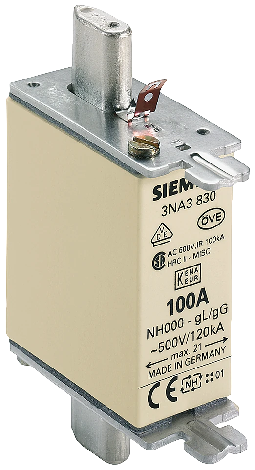 3NA3830 Siemens NH-Sicherungselement, NH000, In: 100 A, gG, Un AC: 500 V, Un DC: 250 V, Frontanzeige, stromführende Grifflaschen