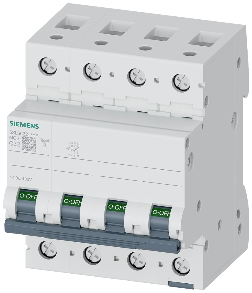 5SL6632-7YA Siemens Miniature circuit breaker 230/400 V 6kA, 3-pole+N, C, 32 A