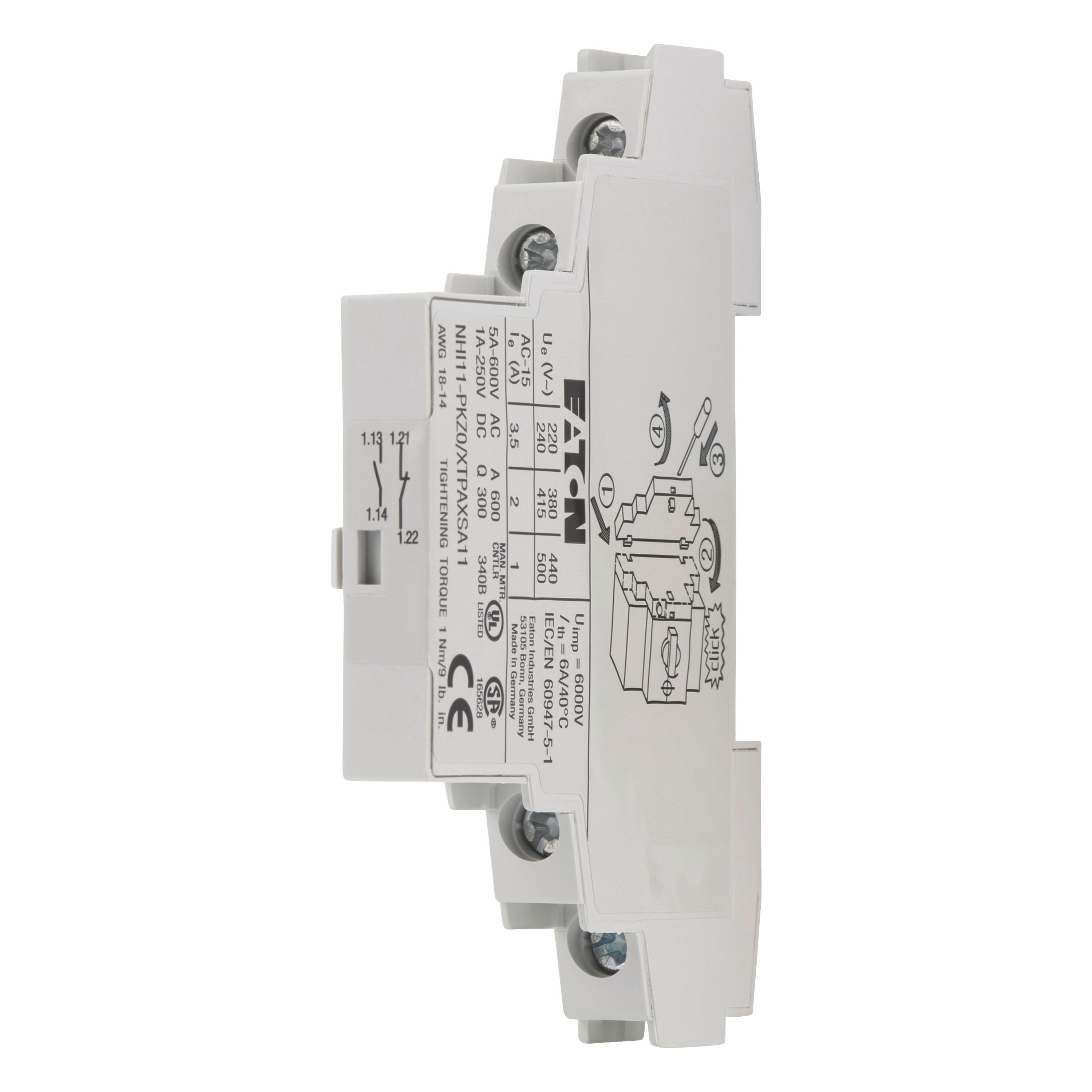 072896 NHI11-PKZ0 - Standard auxiliary contact, 1 N/O, 1 NC, Can be retrofitted on the right side of motor-protective circuit-breakers, Screw terminals