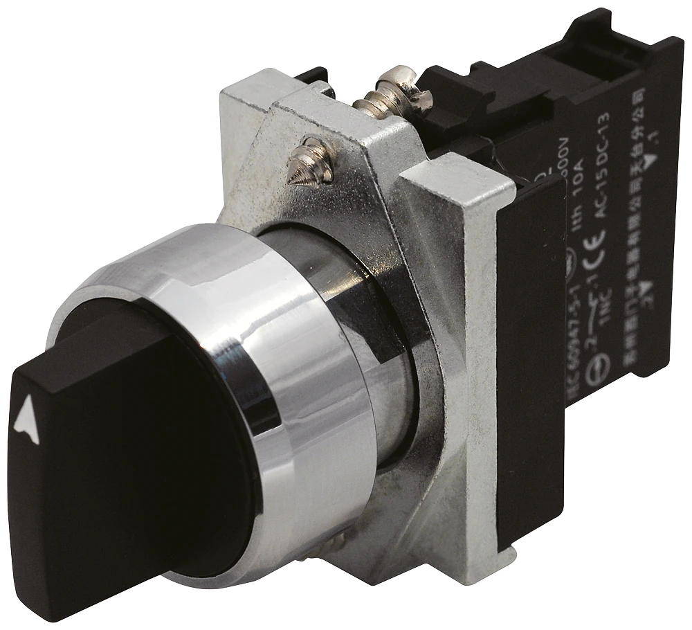 3SB6160-2AL10-1NA0 Täydellinen yksikköyhdistelmä 22 mm metallinen kiiltävä pyöreä valintakytkin 3 kytkimen asentoa L-C-R 2X60DEG, V-asennon lukitus ei valaistu pidikkeen ruuviliittimellä, 2 NO mustaa