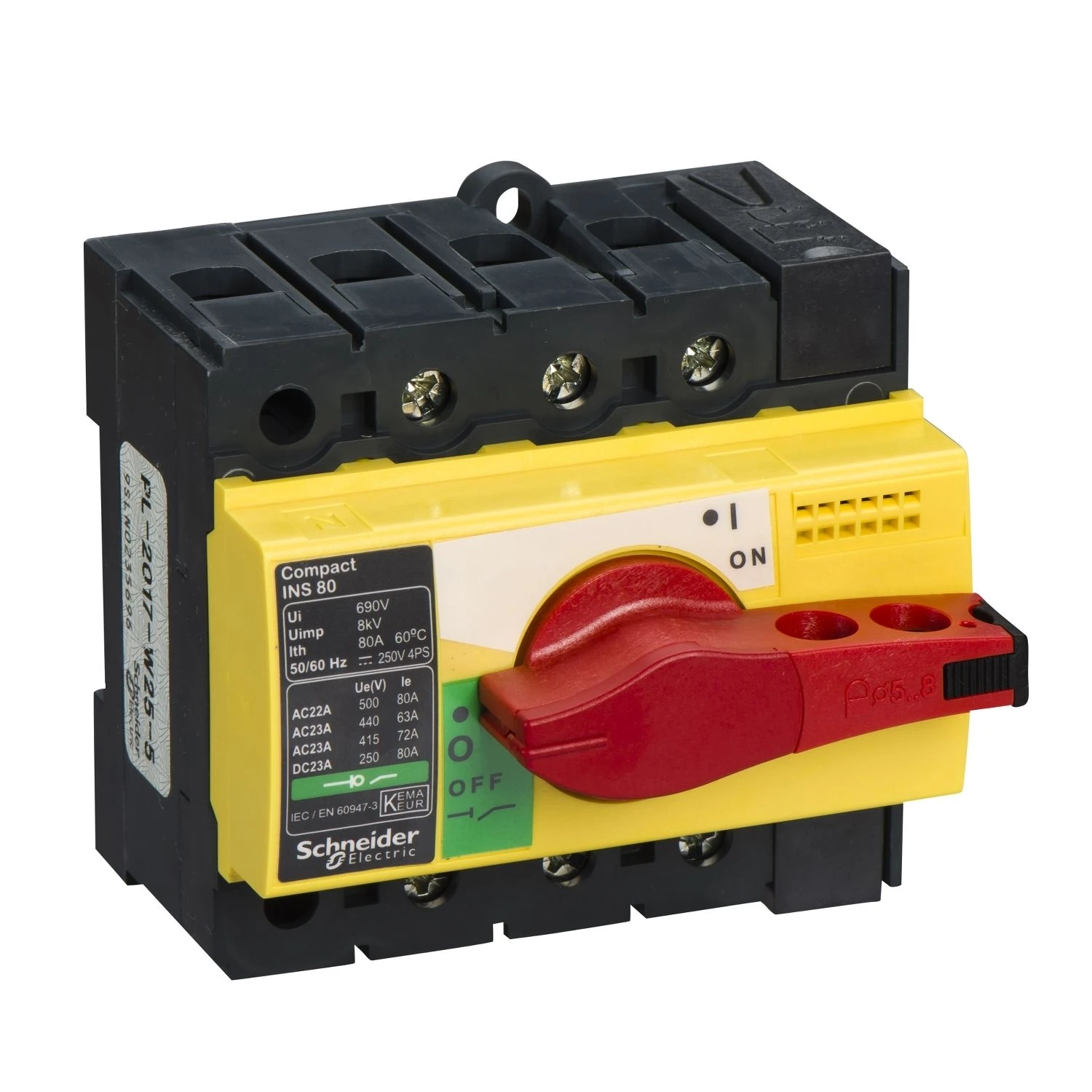 28920 Schneider Electric Interrupteur-sectionneur Compact INS80, 80 A, avec poignée rotative rouge et façade jaune, 3 pôles