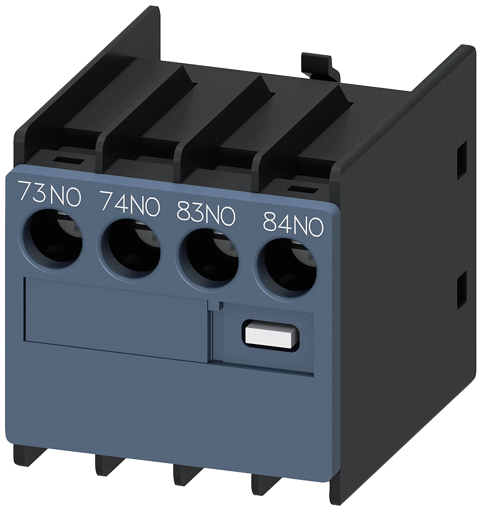 3RH2911-1LA20 Siemens apukytkin, edessä, 2 NO, 73/74, 83/84, virtatie: 1 NO, 1 NO, kaapelin läpivienti ylhäältä, ruuviliitin, kontaktoreille 3RT2 ja kontaktorireleille 3RH2