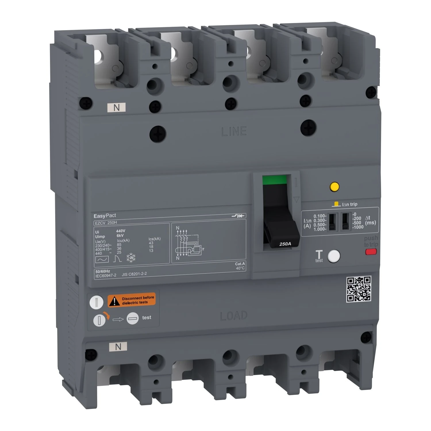 EZCV250H4250 circuit breaker, EasyPact EZCV250H, TMD, 250A, 4 poles 3d
