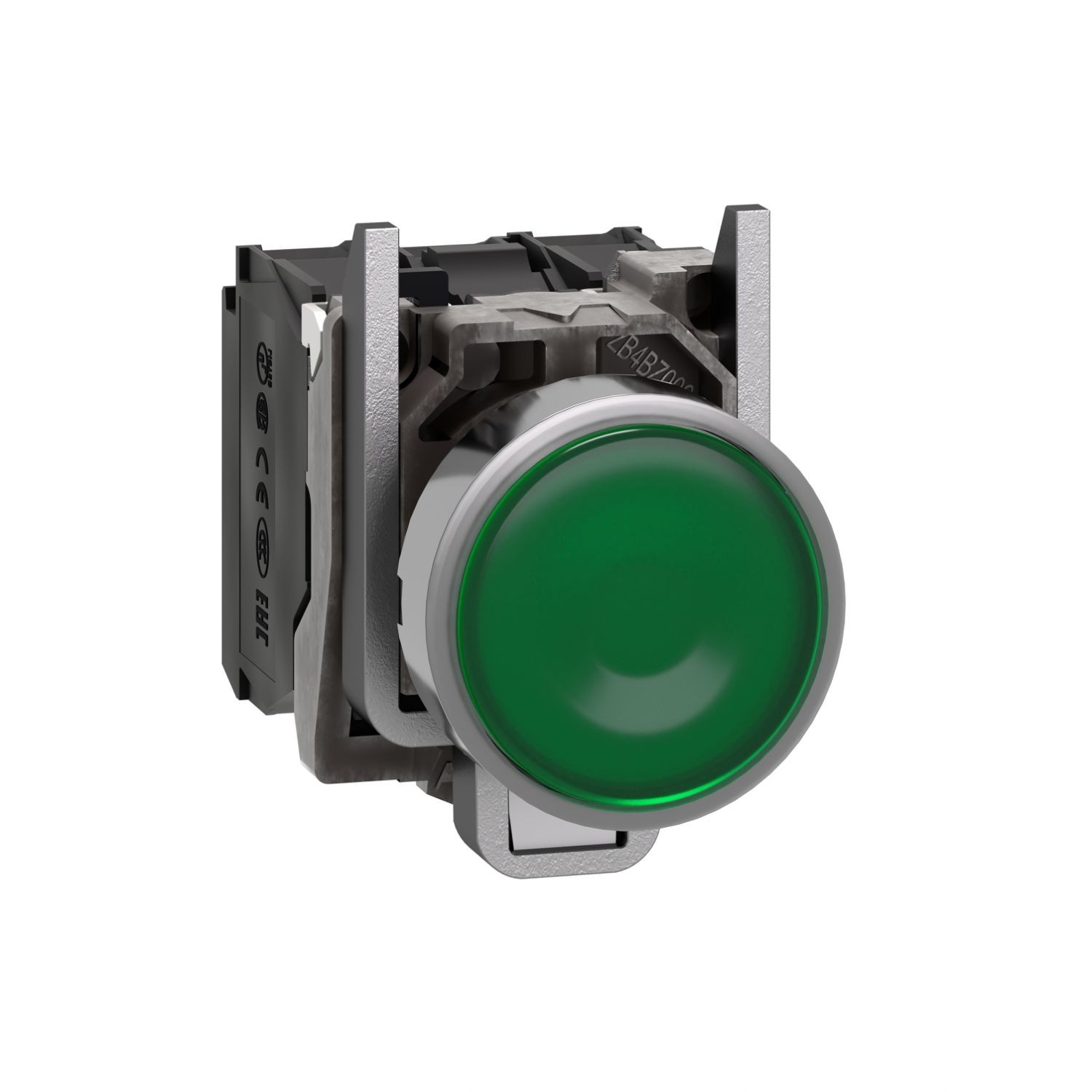 XB4BW33M5 Illuminated push button, Harmony XB4, metal, green flush, 22mm, universal LED, plain lens, 1NO + 1NC, 230...240V AC