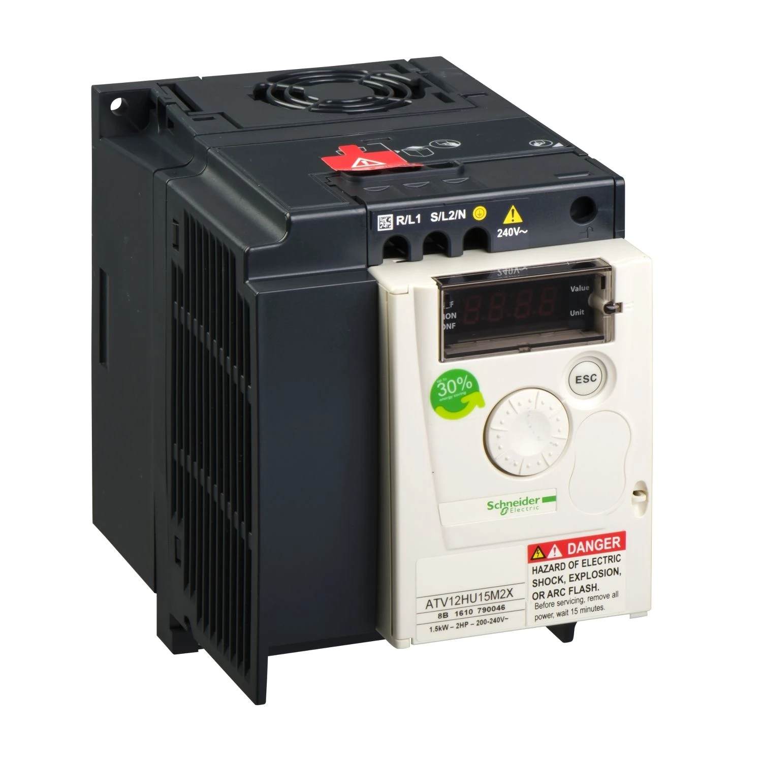 ATV12HU15M2X Schneider Electric taajuusmuuttaja, Altivar 12, 1,5 kW, 2 hv, 200 - 240 V, 1-vaihe, ilman jäähdytyselementtiä