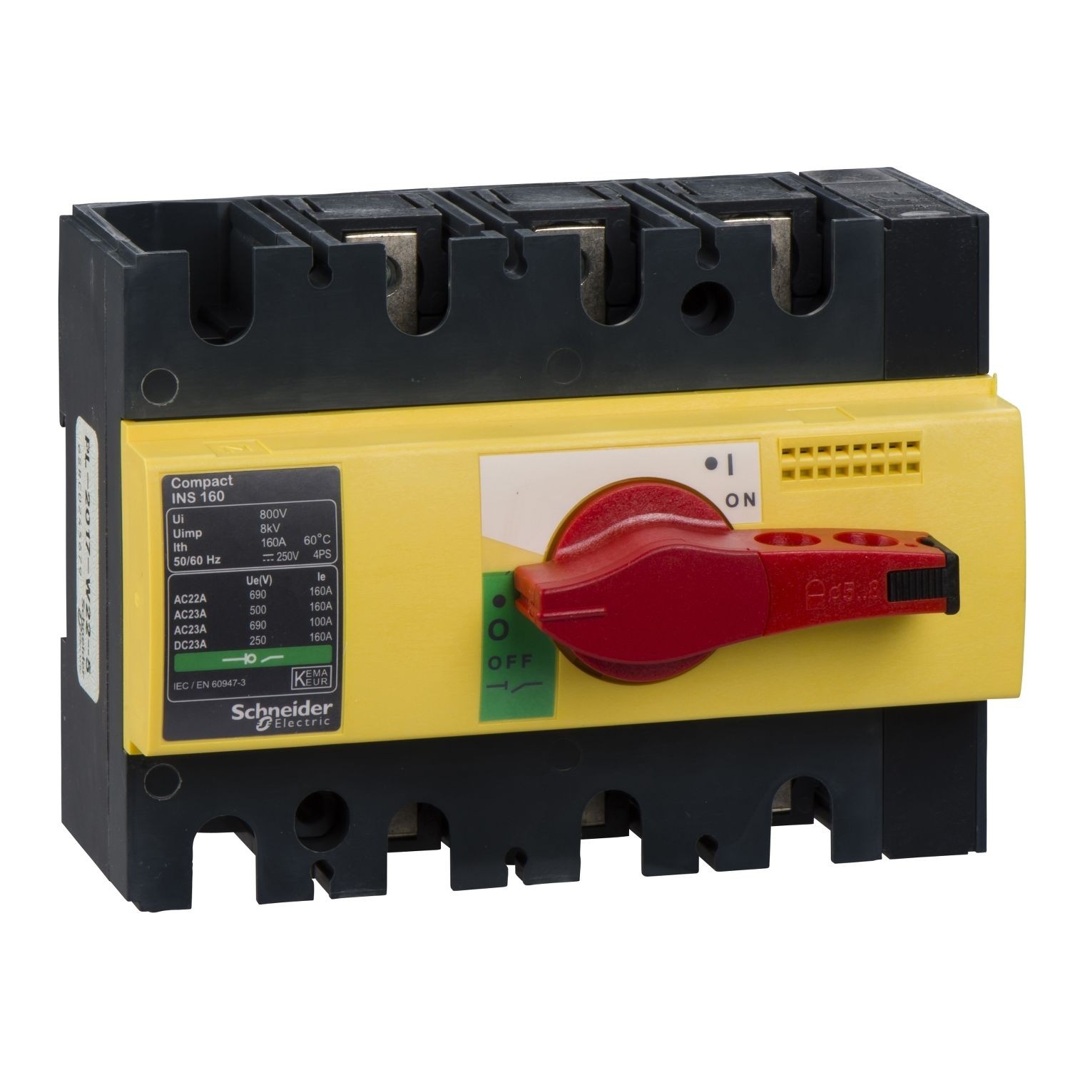 Schneider Electric 28928 switch disconnector, Compact INS160, 160A, with red rotary handle and yellow front, 3 poles