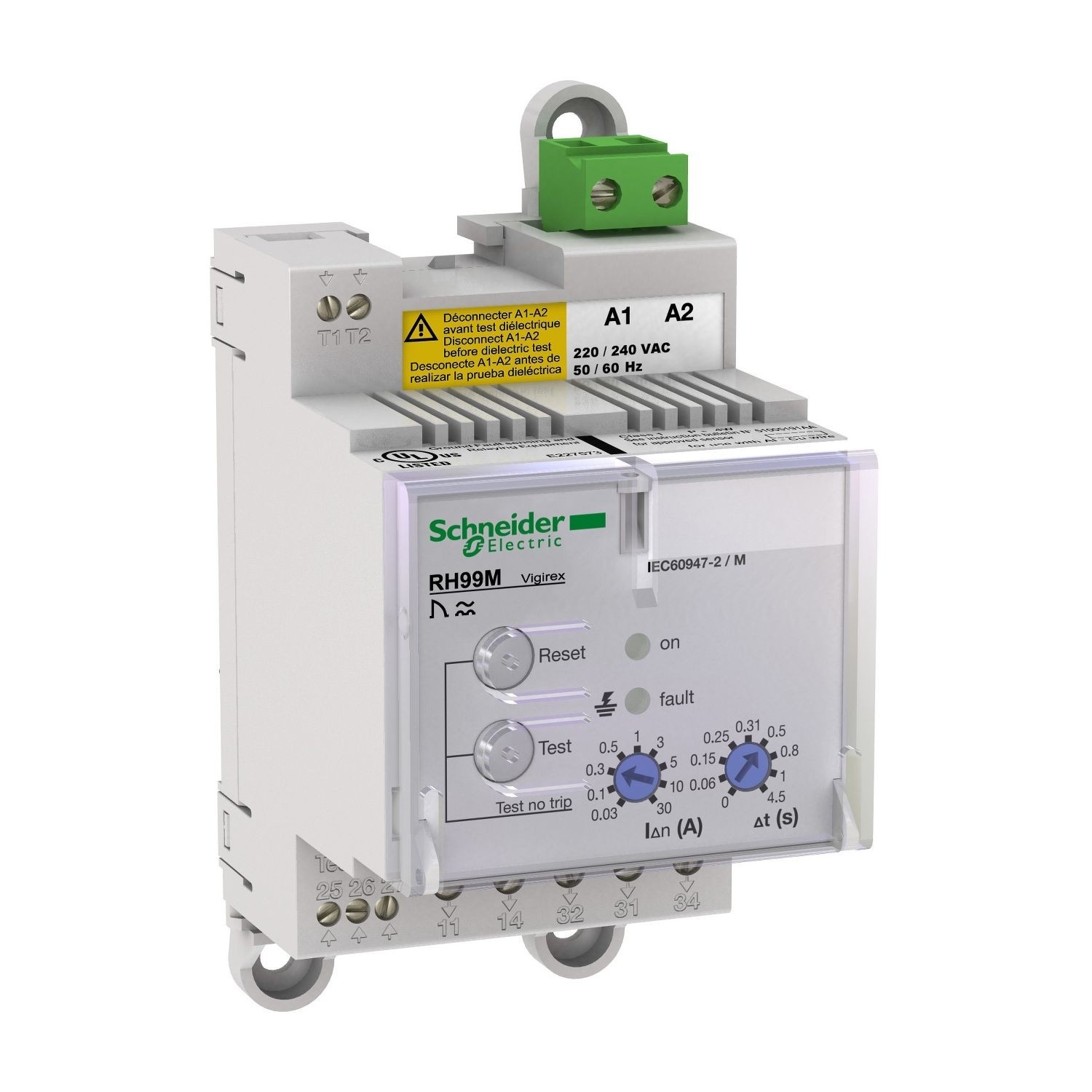 Schneider Electric 56173 Residual current protection relay, VigiPacT RH99M, 30mA-30A, 220/240VAC 50/60Hz, DIN rail mounting