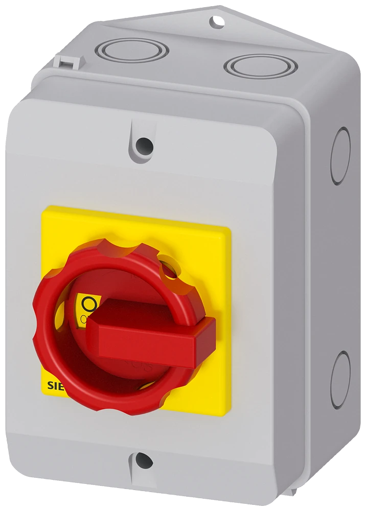 3LD2264-0TB53 Siemens SENTRON, Switch disconnector 3LD, emergency switching-off switch, 3- pole, Iu: 32 A, operating power / at AC-23 A 400 V: 11.5 kW, molded-plastic encapsulation for metric cable gland, rotary operating mechanism, red/yellow