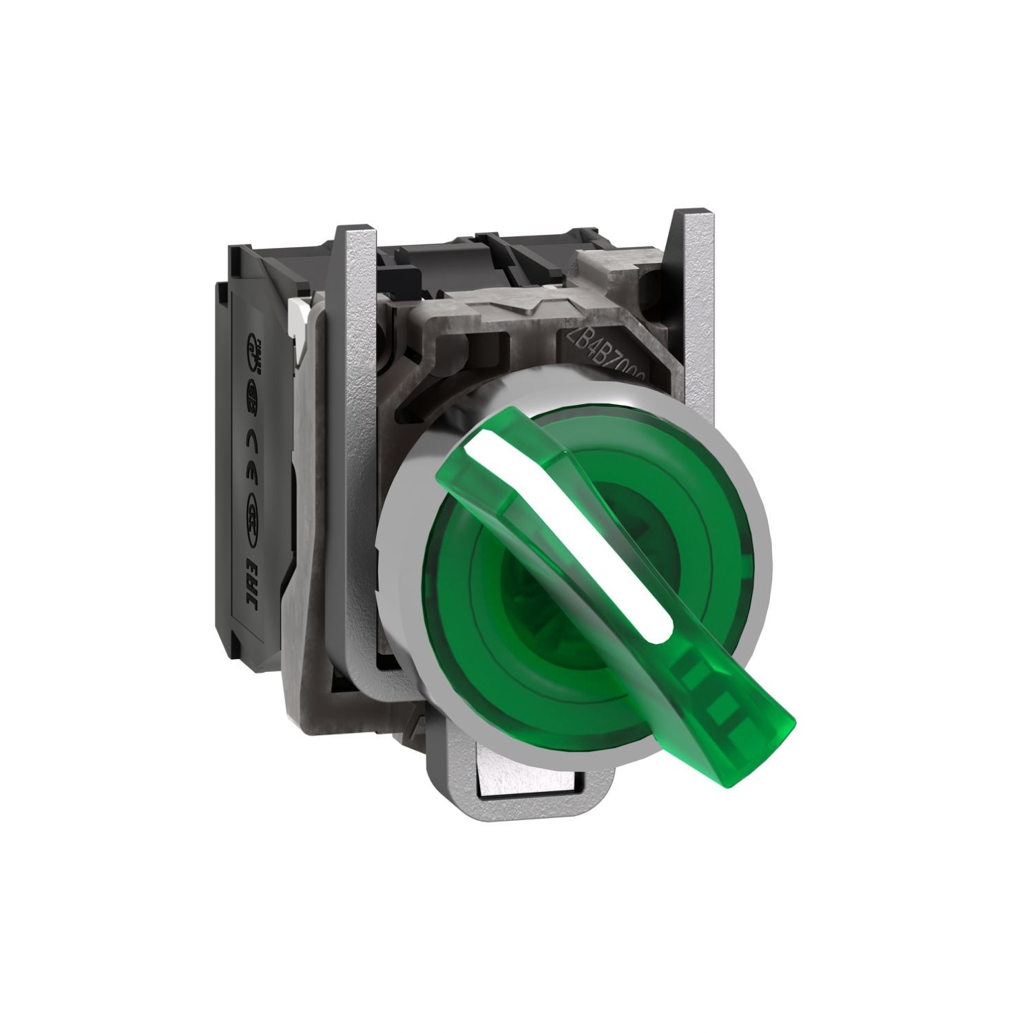 XB4BK123B5 Illuminated selector switch, Harmony XB4, metal, green handle, 22mm, universal LED, 2 positions, 1NO + 1NC, 24V AC DC