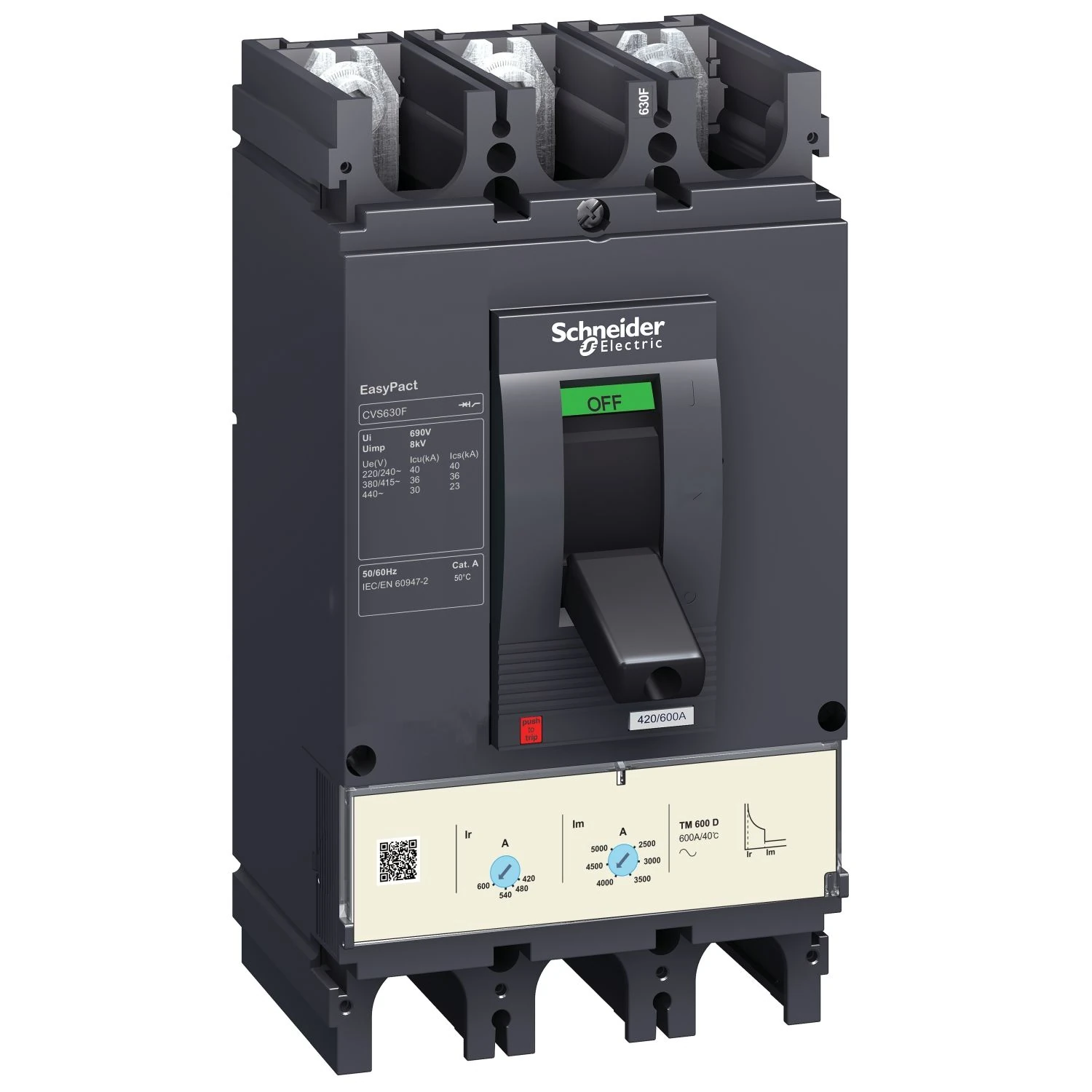 LV563306 circuit breaker, EasyPact CVS630F, 36kA at 415VAC, 600A, TM-D trip unit, 3P3d