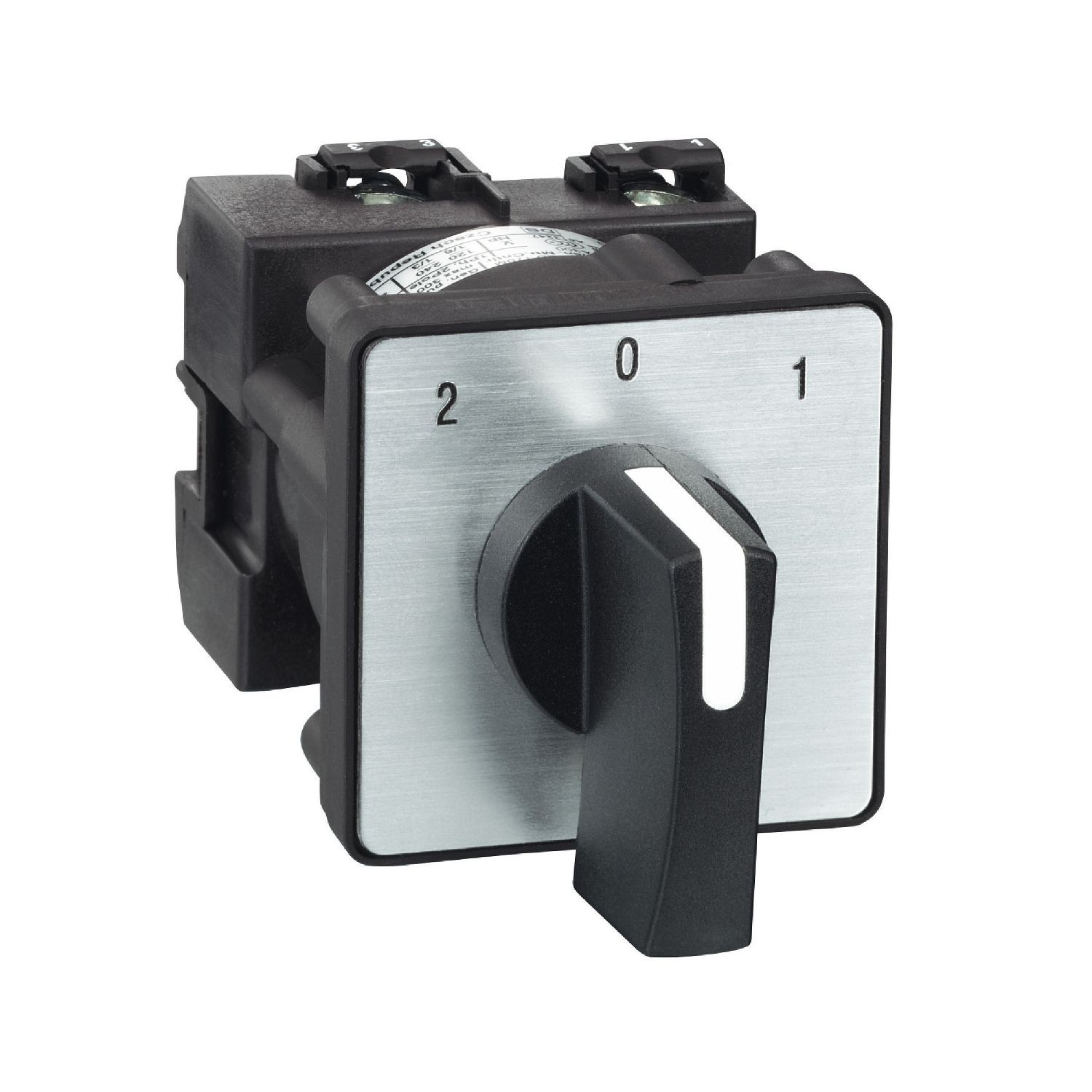 K1B001ULH Cam changeover switch, Harmony K, multifixing, plastic, 1 pole, position 0, 45°, 12A, 45x45mm, metallic legend, marked 2 0 1, 35mm black handle