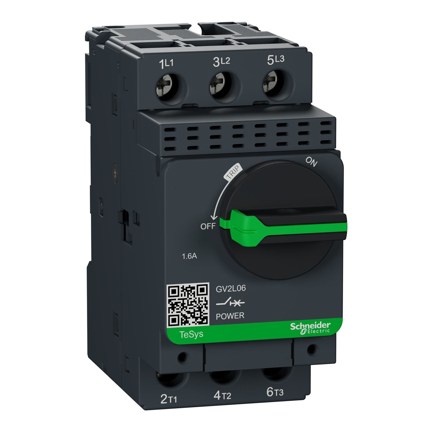 GV2L06 Motor circuit breaker,TeSys Deca frame 2,3P,1.6A,magnetic,rotary handle,screw clamp terminals