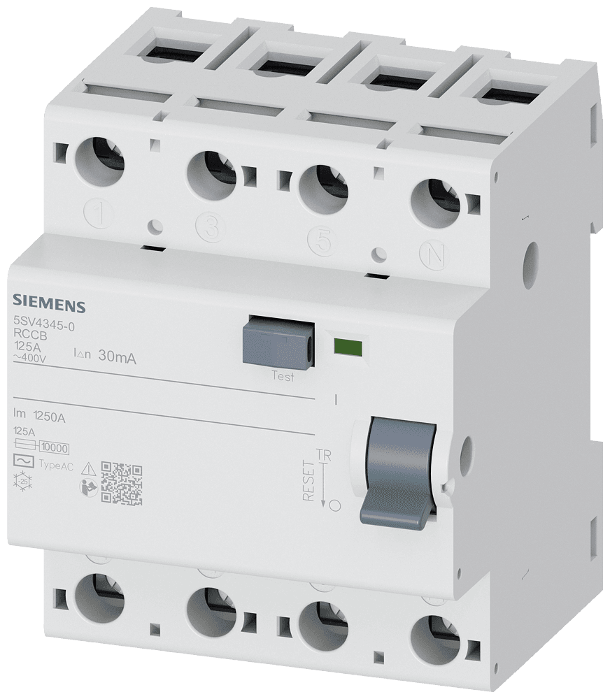 5SV4345-0 Residual current operated circuit breaker, 4-pole, type AC, In: 125 A, 30 mA, Un AC: 400 V