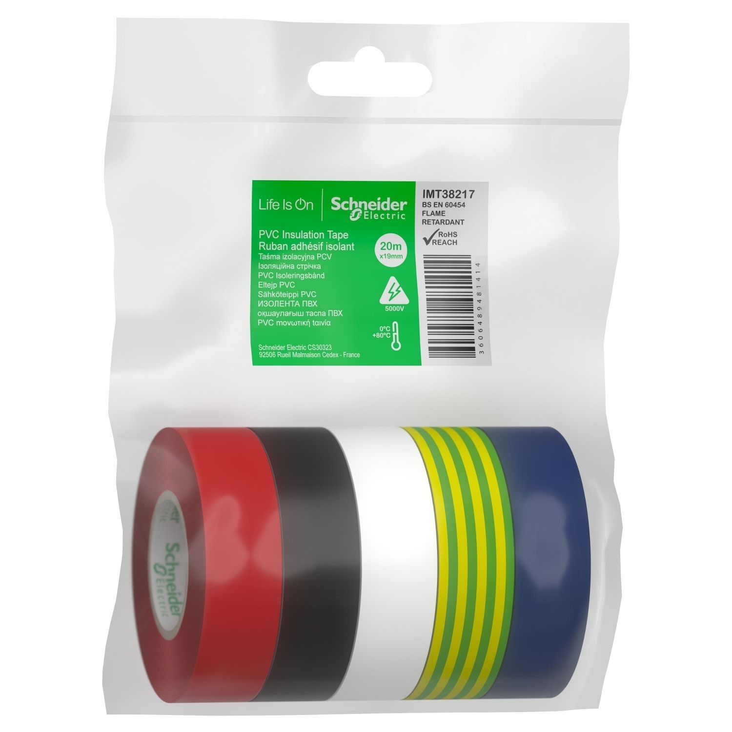 Schneider Electric IMT38217 Insulation tape, Thorsman, 19mm X 20mm, green yellow-black-red-white-brown