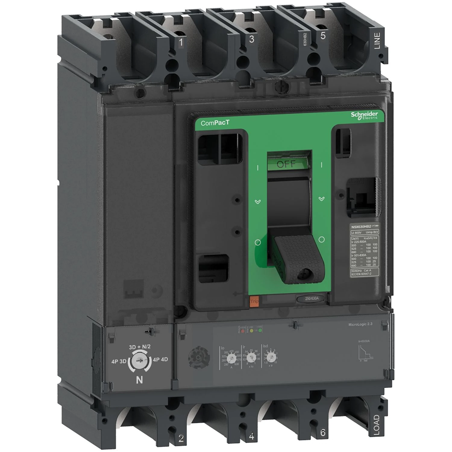C63N42D630 Circuit breaker, ComPacT NSX630N, 50kA/415VAC, 4 poles, MicroLogic 2.3 trip unit 630A