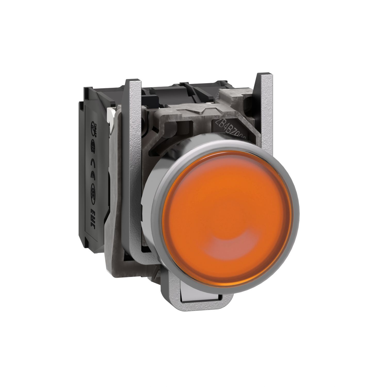 XB4BW35M5 Illuminated push button, Harmony XB4, metal, orange flush, 22mm, universal LED, plain lens, 1NO + 1NC, 230...240V AC