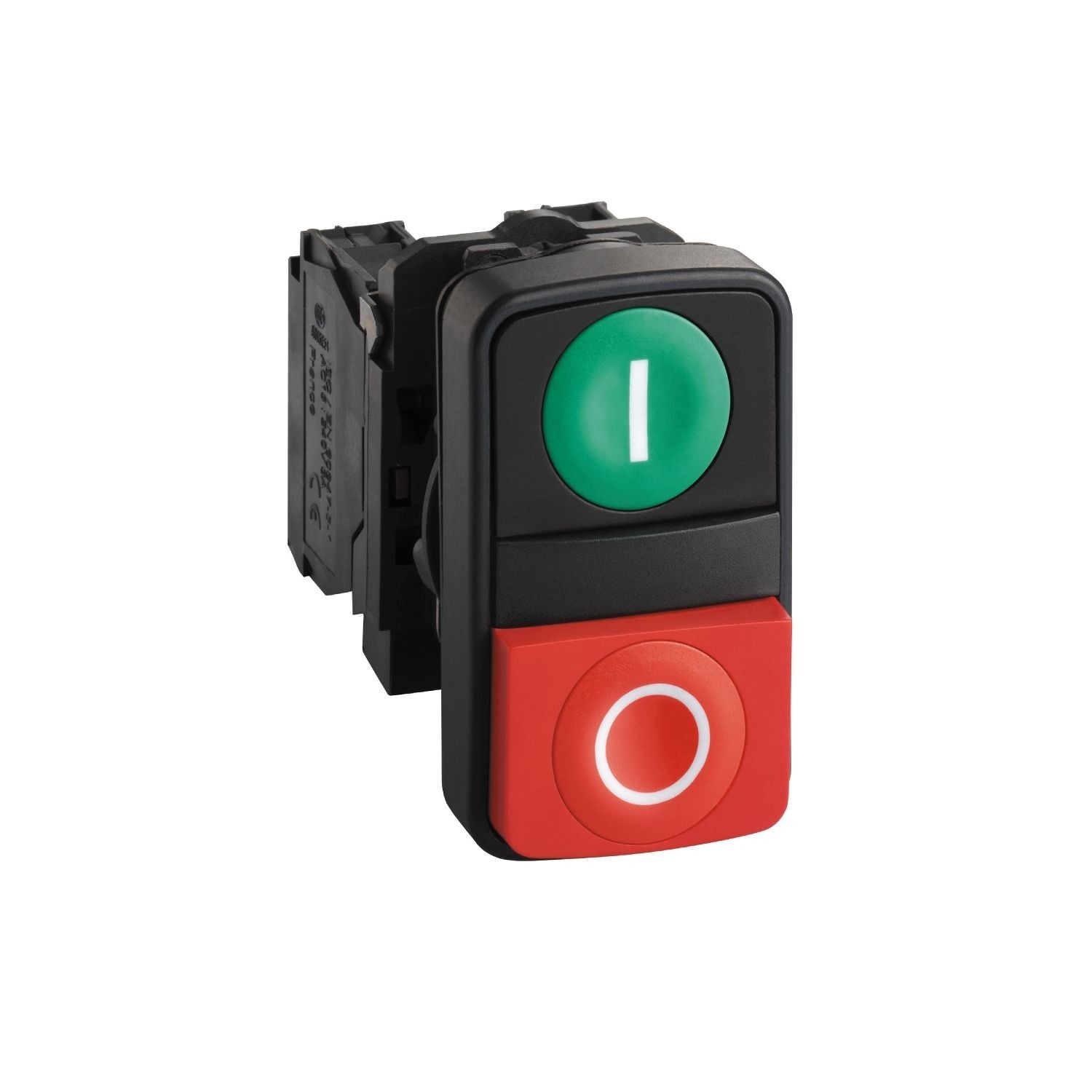XB5AL73415 Double headed push button, Harmony XB5, plastic, 22mm, 1 green flush marked I + 1 red projecting marked O, 1NO+1NC