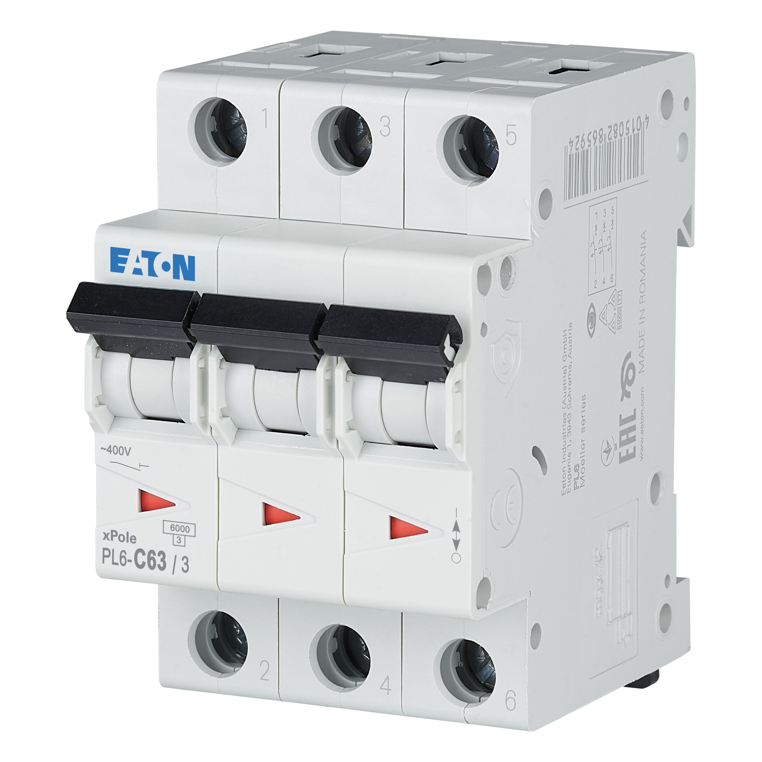 286607 PL6-C63/3 - Miniature circuit breaker (MCB), 63 A, 3p, characteristic: C