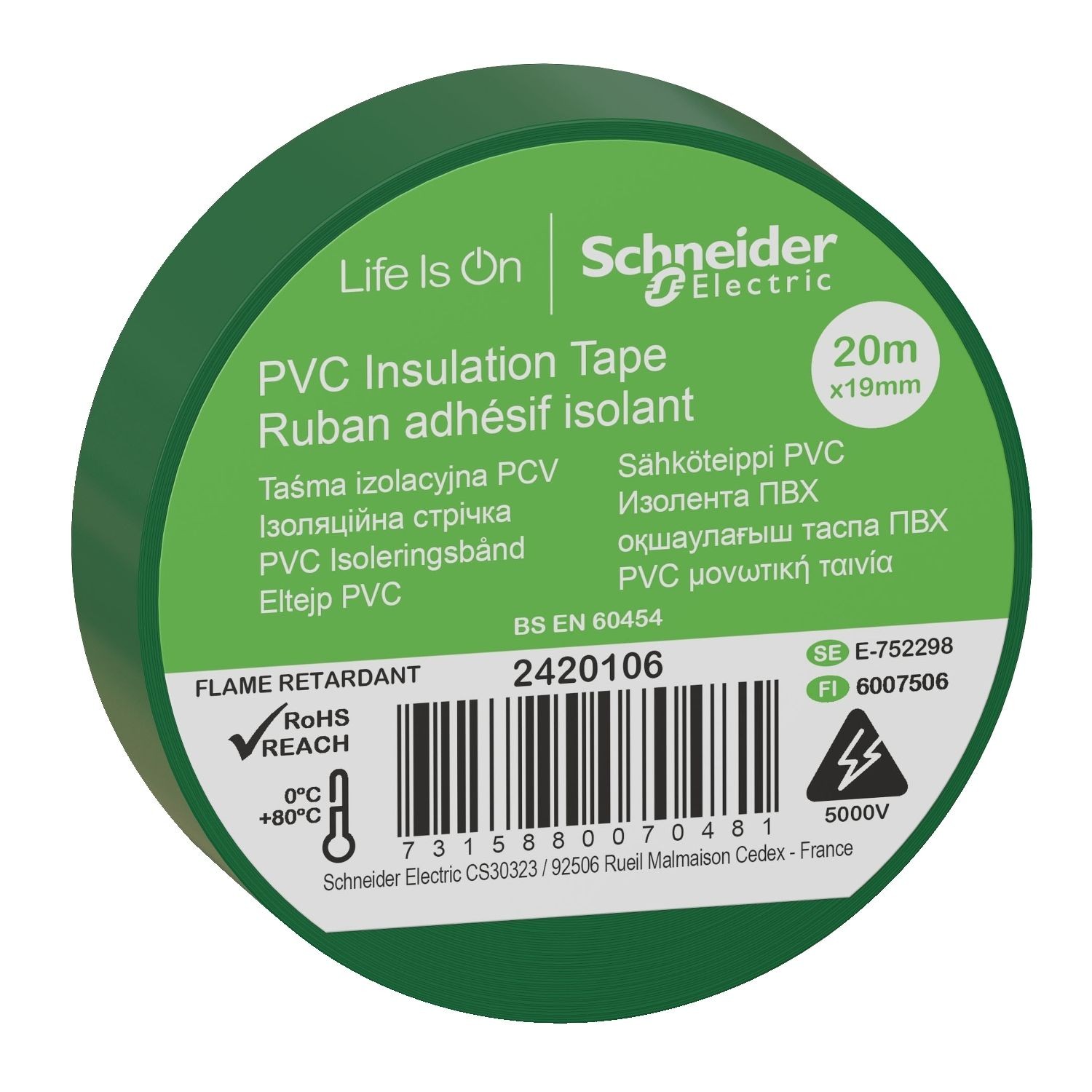 Schneider Electric 2420106 Insulation tape, Thorsman, 19mm x 20m, green