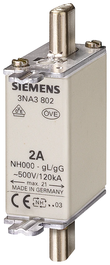 3NA3805 Siemens LV HRC sulakeelementti, NH000, In: 16 A, gG, Un AC: 500 V, Un DC: 250 V, Etuilmaisin, jännitteiset kahvakorvakkeet