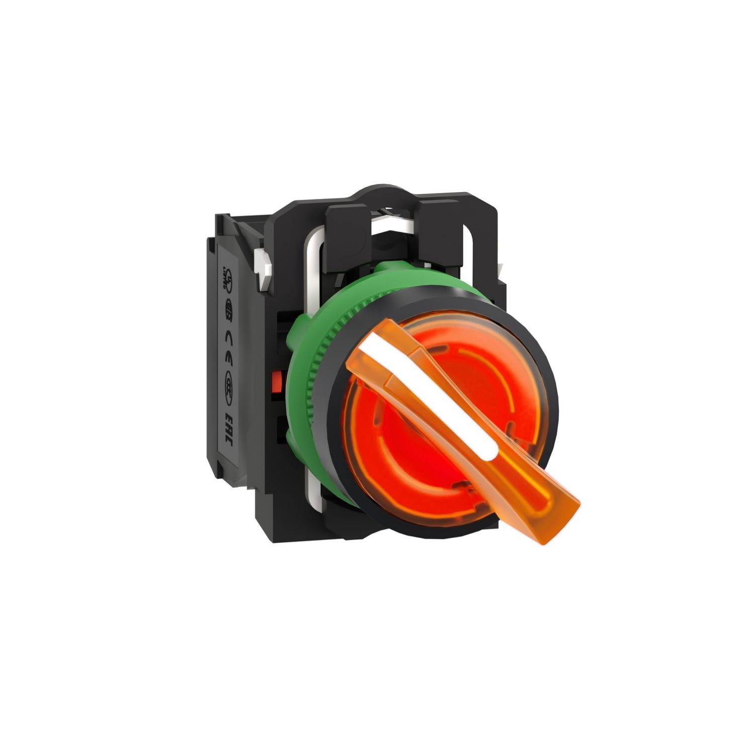 XB5AK125B5 Illuminated selector switch, Harmony XB5, grey plastic, orange handle, 22mm, universal LED, 2 positions, 1NO + 1NC, 24V AC DC