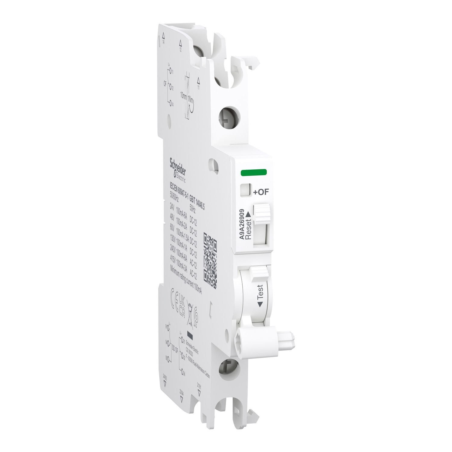 Schneider Electric A9A26909 Auxiliary contact, Acti9 A9A, iOF/SD+OF, 2 C/O, 100mA to 6A, 24VAC to 415VAC, 24VDC to 130VDC, top and bottom connection